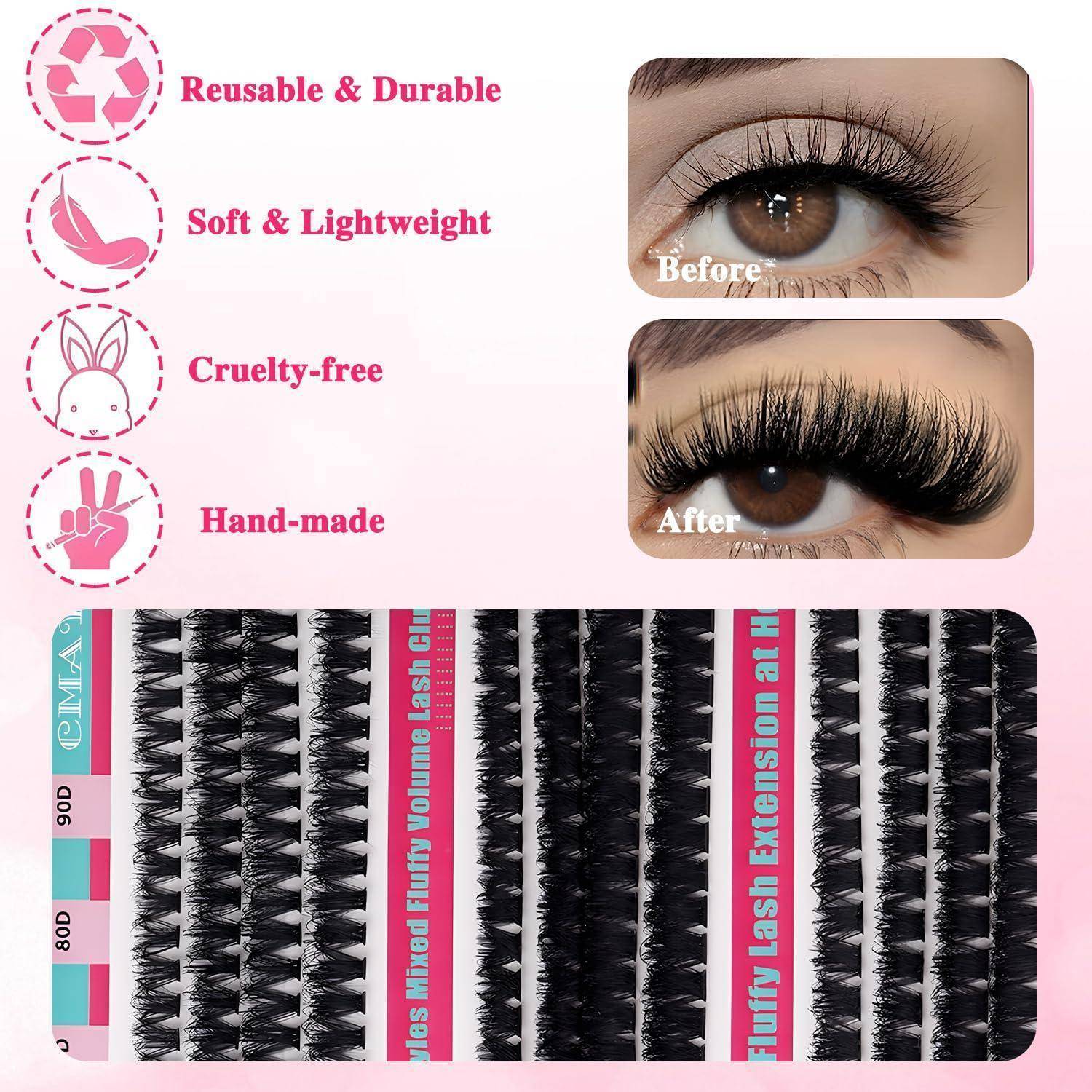 Werbebild für wiederverwendbare, weiche, tierversuchsfreie handgefertigte künstliche Wimpern, mit Vorher-und-Nachher-Fotos von Augen und Reihen von Wimpernverlängerungen.