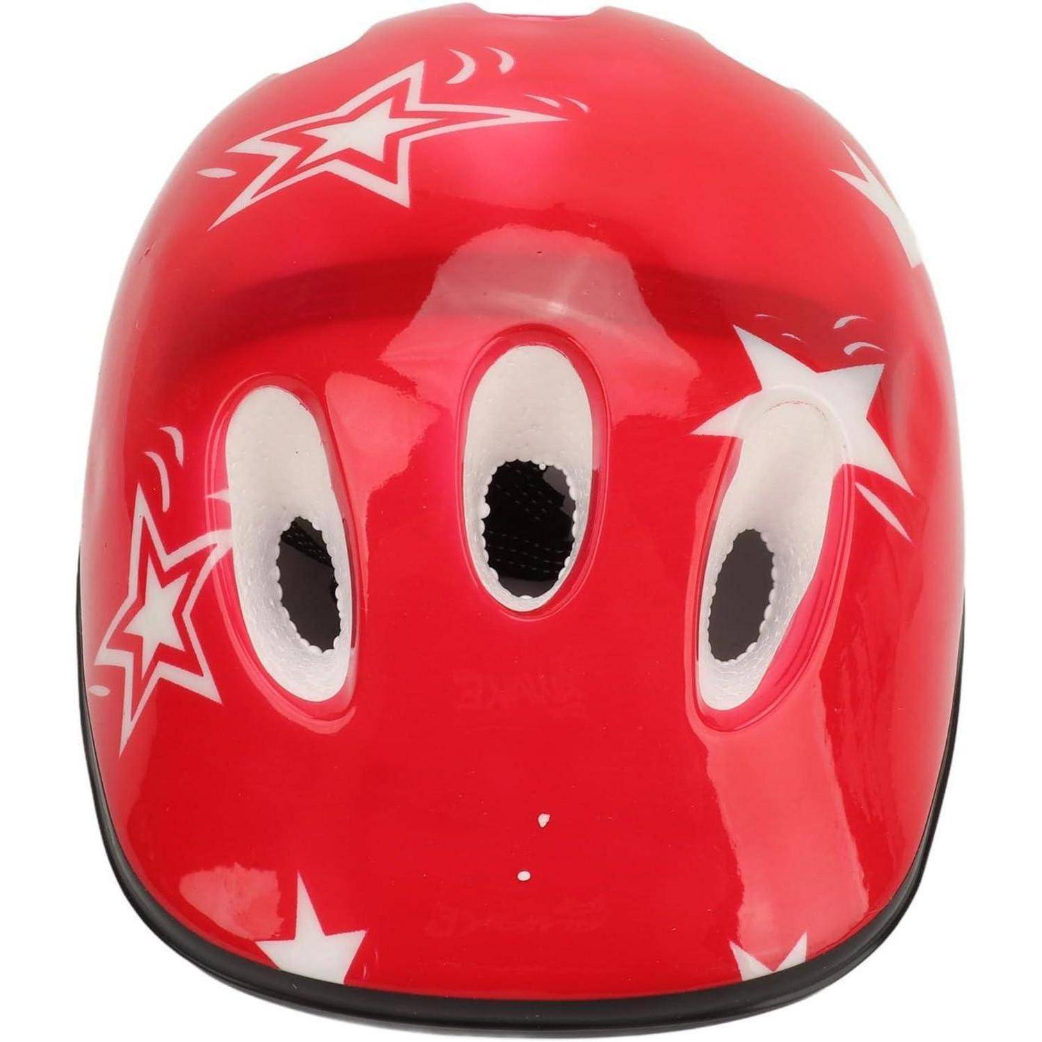 Roter Kinderhelm mit weißen Sterngrafiken und drei Belüftungslöchern, Vorderansicht.