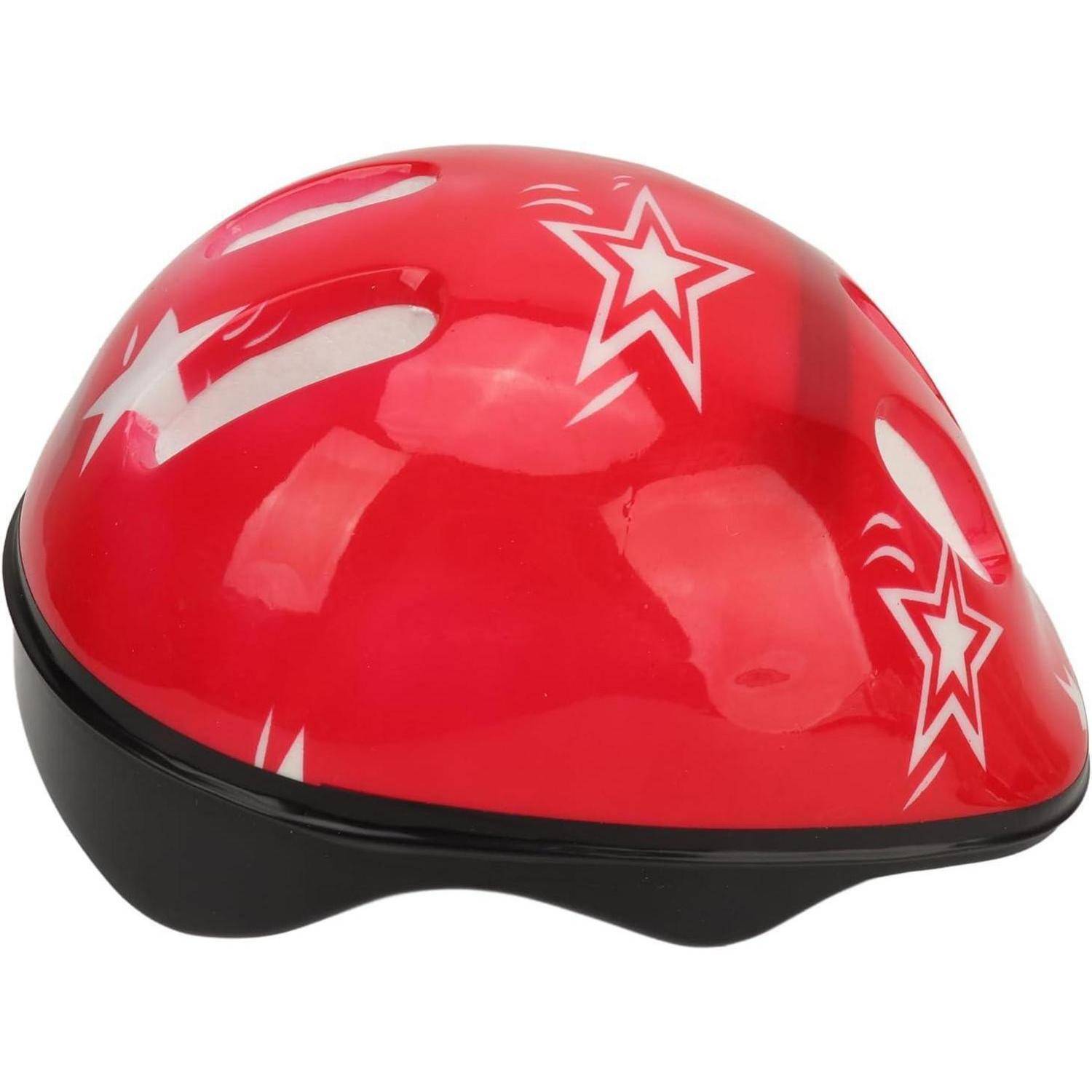 Roter Fahrradhelm mit weißen Sterngrafiken auf schwarzem Untergrund, isoliert auf weißem Hintergrund abgebildet.