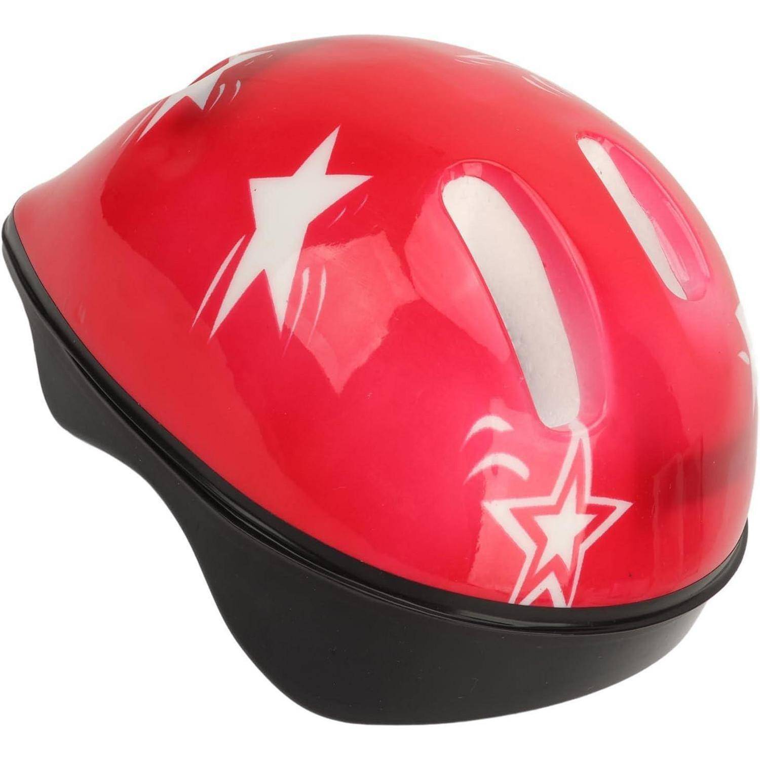 Roter Kinderfahrradhelm mit Stern-Aufklebern und schwarzer Unterseite, auf weißem Hintergrund dargestellt.
