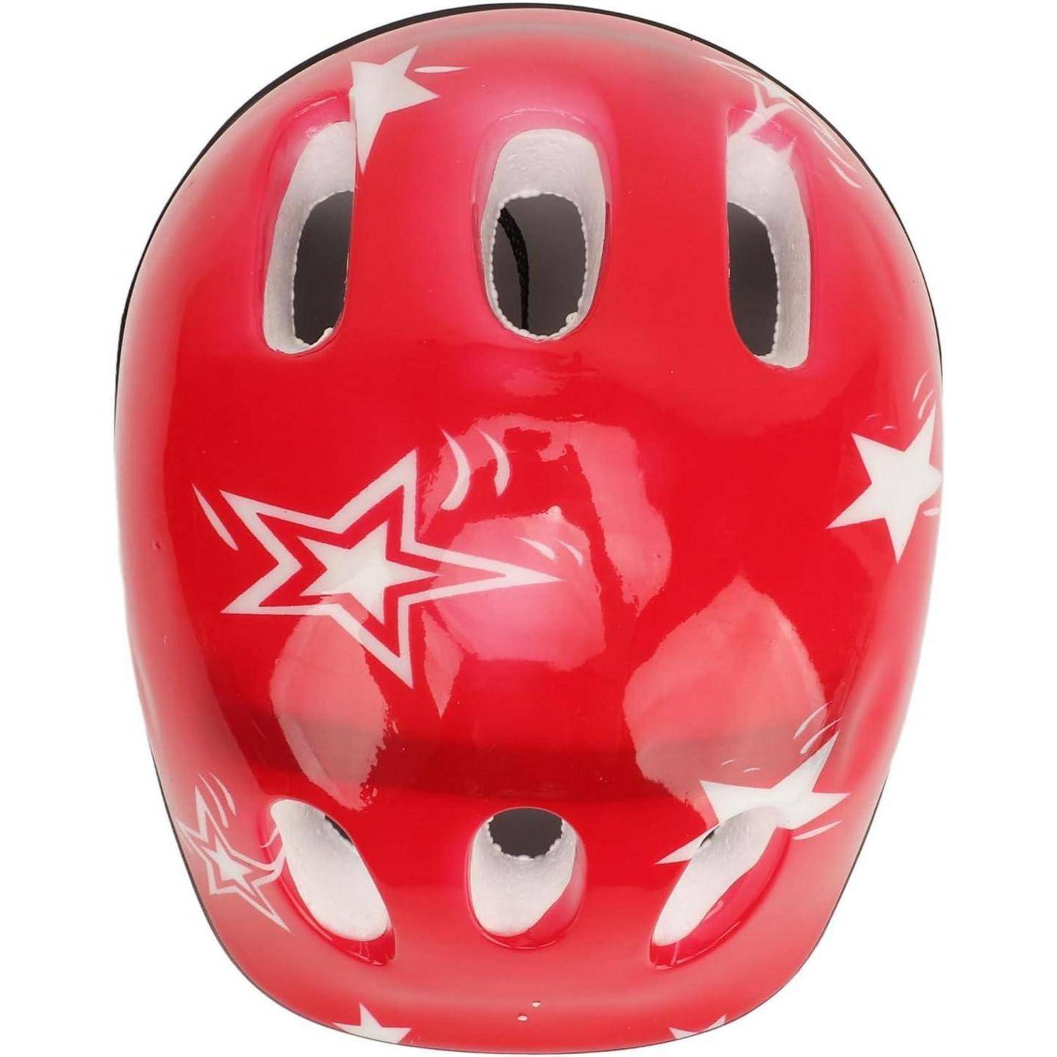 Roter kinderfreundlicher Helm mit weißen Stern-Grafiken und Belüftungslöchern, Vorderansicht auf weißem Hintergrund dargestellt.