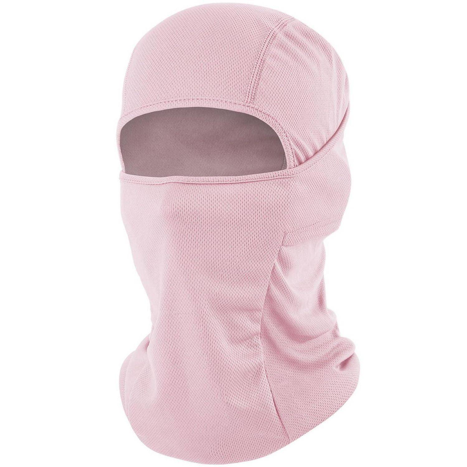 Rosafarbene Sturmhaube im Balaclava-Stil mit Gesichts- und Nackenschutz und Öffnung für die Augen, auf weißem Hintergrund dargestellt.