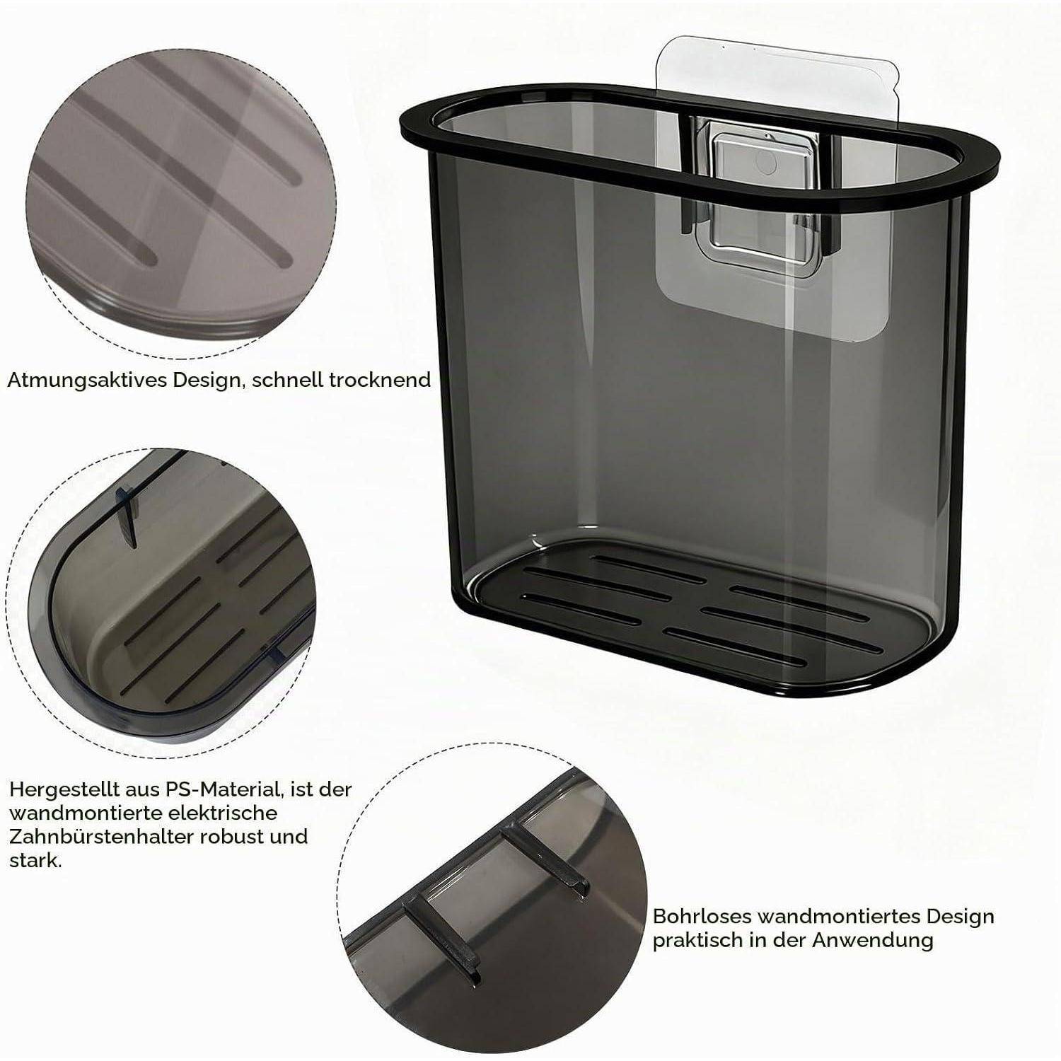 Wandmontierter durchsichtiger rauchgrauer Kunststoff-Zahnbürstenhalter mit Deckel, gezeigt mit Nahaufnahmen und deutschen Etiketten, die schnelle Trocknung, langlebiges PS-Material und bohrfreie Montage hervorheben.
