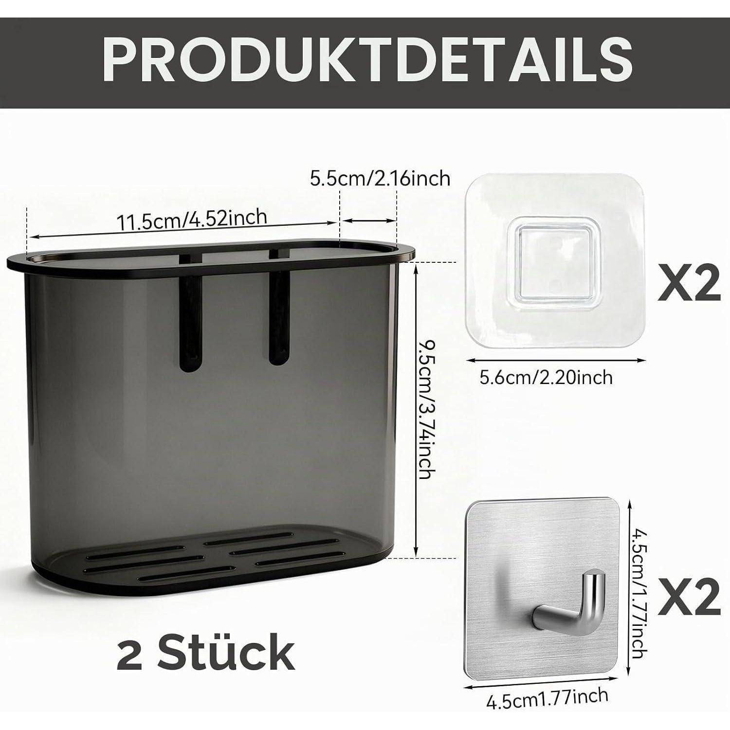 Produktdetailliertes Diagramm zeigt einen wandmontierten Behälter mit den Abmessungen 11,5 cm breit, 5,5 cm tief, 9,5 cm hoch, plus 2 Haftpads und 2 Metallhaken, jeweils 4,5 bis 5,6 cm.