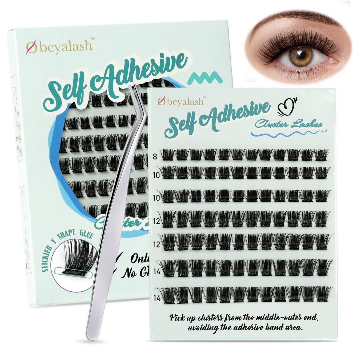 # Selbstklebender Kunstwimpern-Set mit Pinzette und mehreren Wimpernbüscheln auf der Verpackung, plus eine Nahaufnahme des Auges mit angebrachten Wimpern.