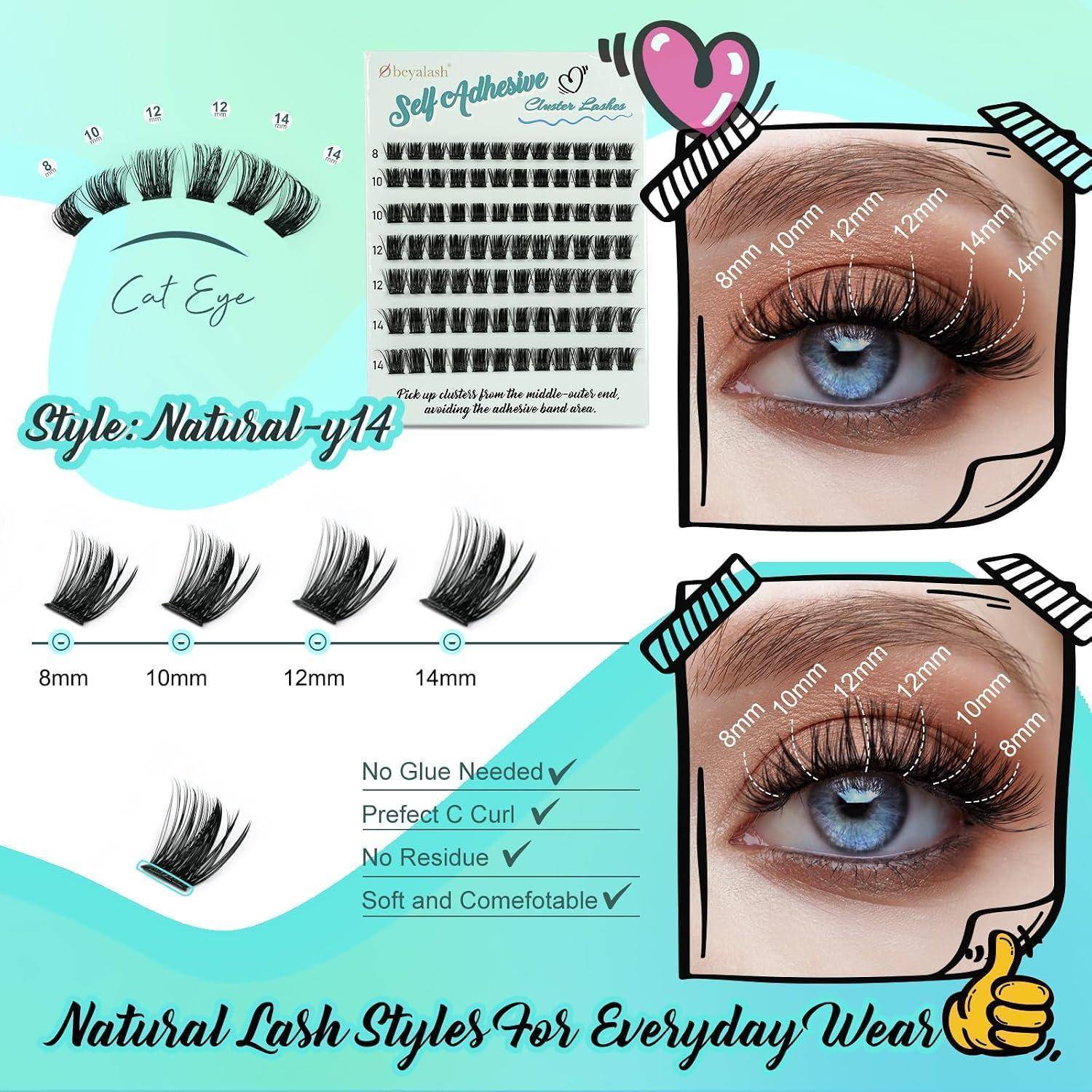 Obeyalash Cluster Wimpern Selbstklebend D Curl 8-14mm Fluffy Eyelashes Extensions Selbstklebende Wimpern Ohne Kleber Lash Cluster Kit Press On