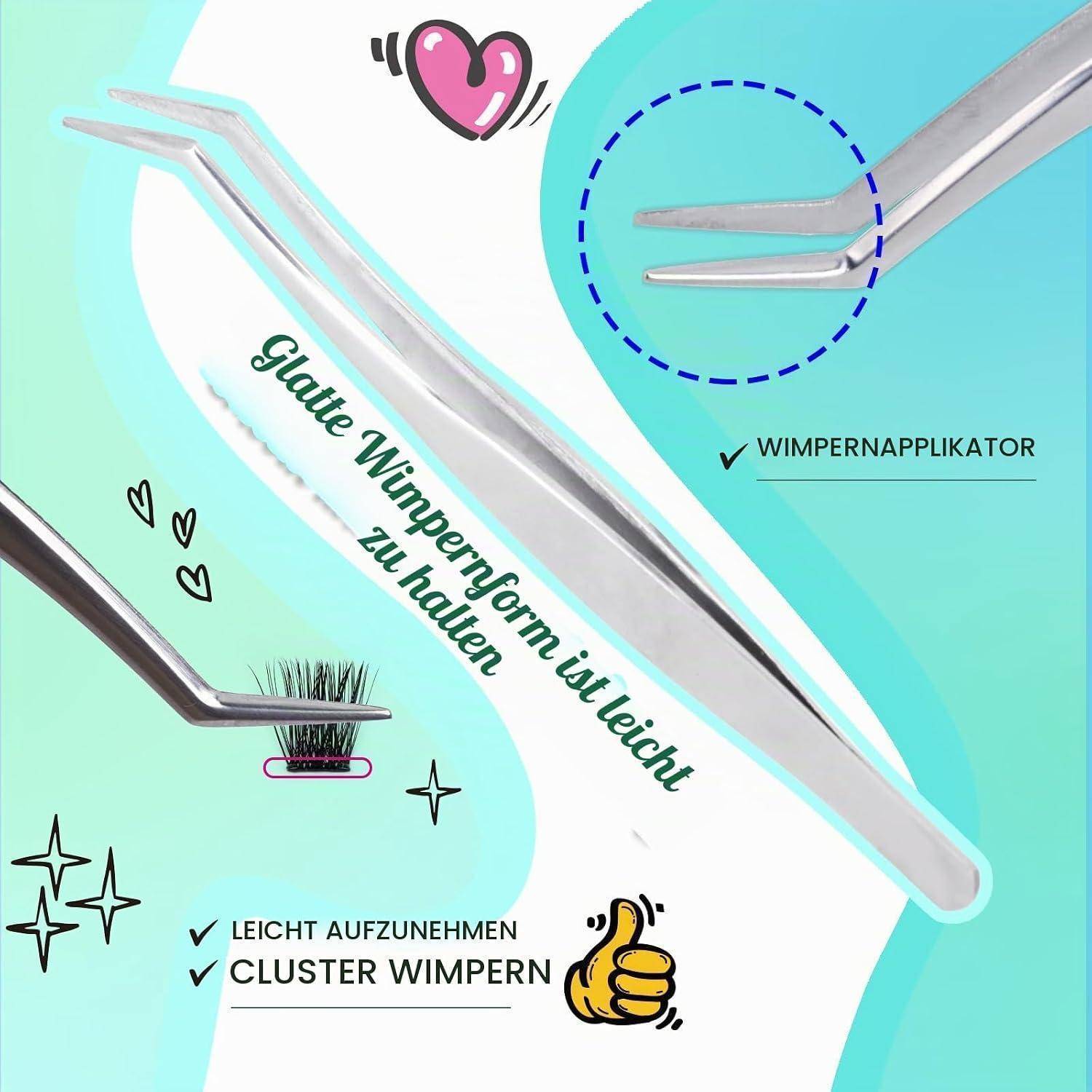 Abbildung einer geraden Wimpernapplikator-Pinzette mit deutschem Text „Glate Wimpernform ist leicht zu halten