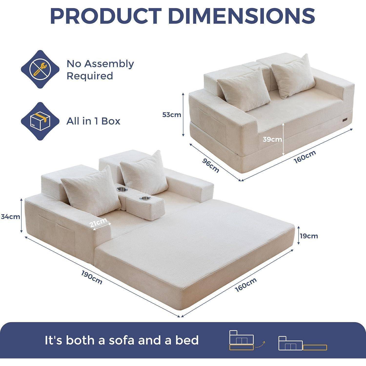 Produktabmessungen-Diagramm eines umbaubaren Sofabetts mit Darstellung des Sofa- und Bettmodus, keine Montage erforderlich, alles in einem Karton, mit Maßangaben in cm.