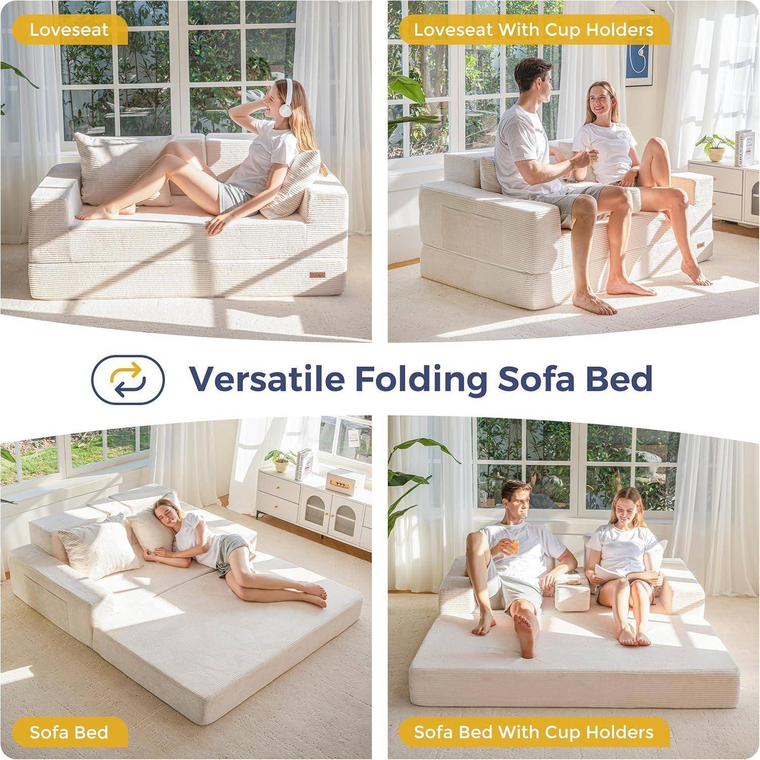 Collage zeigt ein vielseitiges Klappschlafsofa in Loveseat- und Bettform, mit und ohne Getränkehalter, in einem hellen Wohnzimmer.