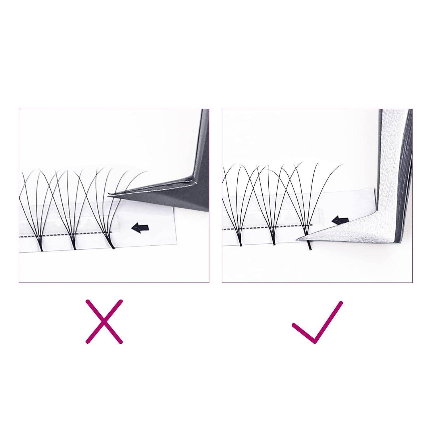 Vergleich der Pinzettenwinkel für die Platzierung von Wimpernverlängerungen: links ist falsch mit einem X, rechts ist richtig mit einem Häkchen.