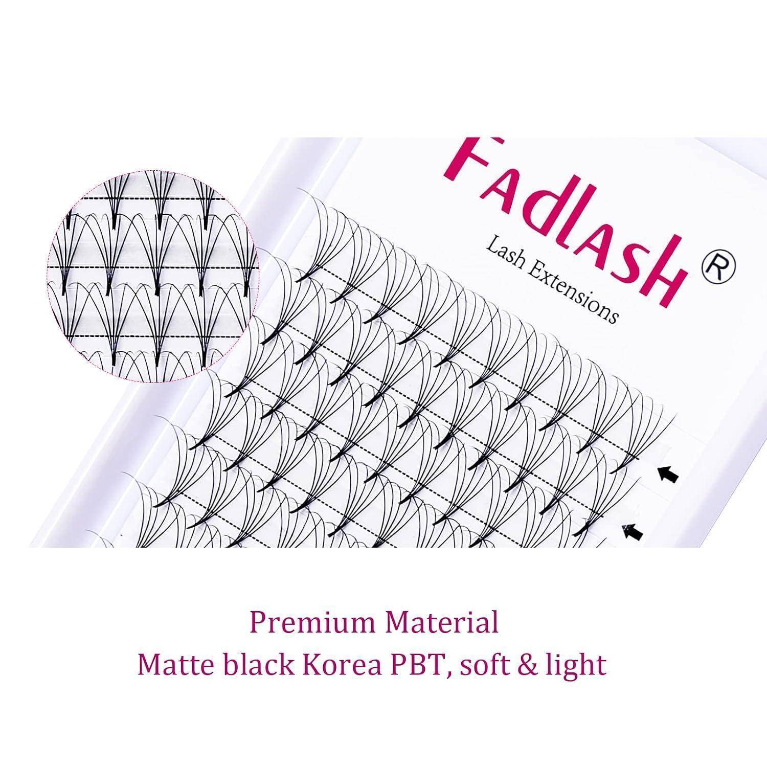 Verpackung für Fadlash Wimpernverlängerungen mit matter schwarzer Korea-PBT-Wimpern, weich und leicht, mit einer Nahaufnahme von Wimpernfächern im Inset.