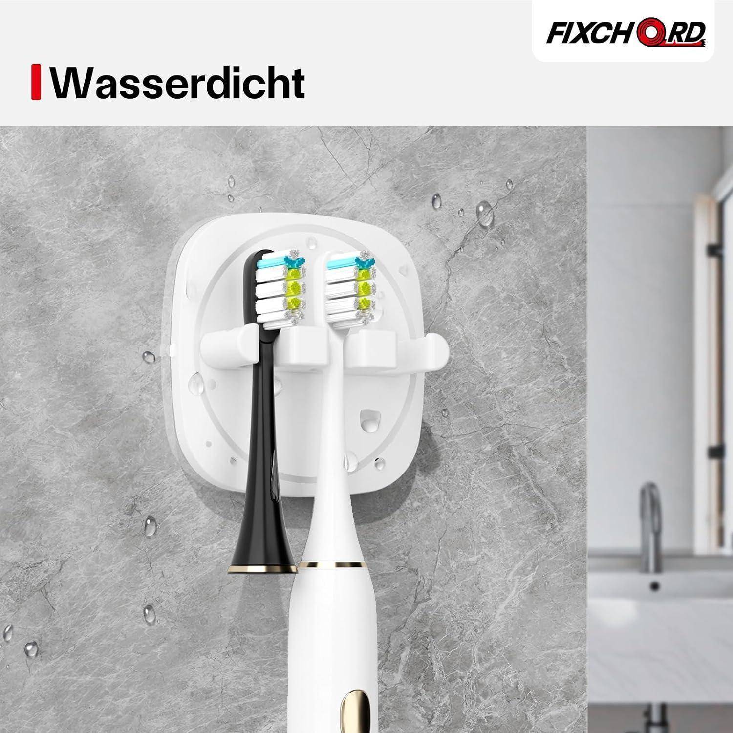 Wasserdichter wandmontierter elektrischer Zahnbürstenhalter mit zwei Zahnbürsten, die im Badezimmer geladen werden, beschriftet mit „Wasserdicht