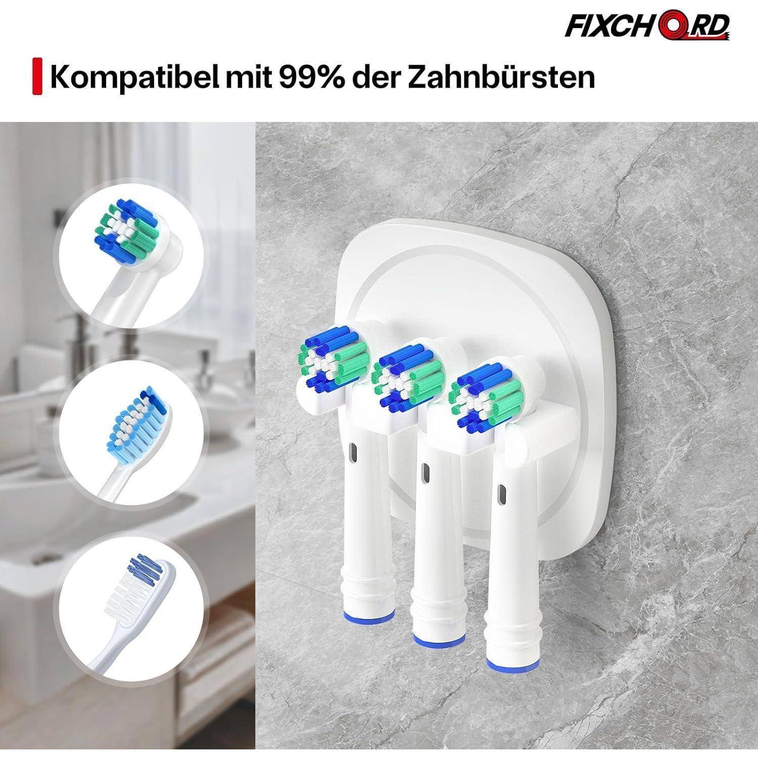 FIXCHORD Zahnbürsten-Wandhalter mit drei elektrischen Zahnbürsten, gekennzeichnet mit „Kompatibel mit 99% der Zahnbürsten