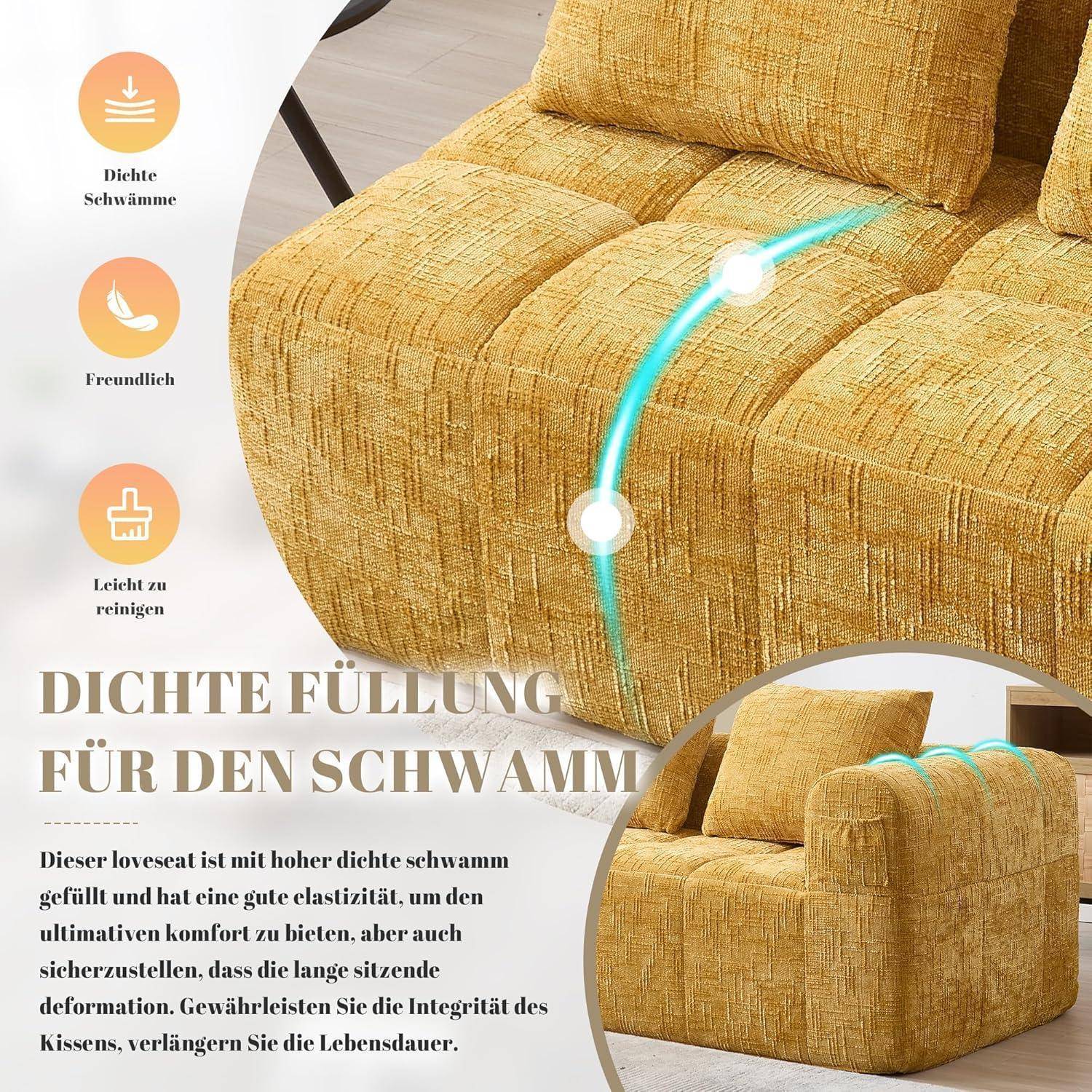 Modern Polstersofa Couch Sofa 2 Sitzer mit 2 Kissen, kein Zusammenbau erforderlich, Bequemes Chaiselongue-Sofa (Gelb B)