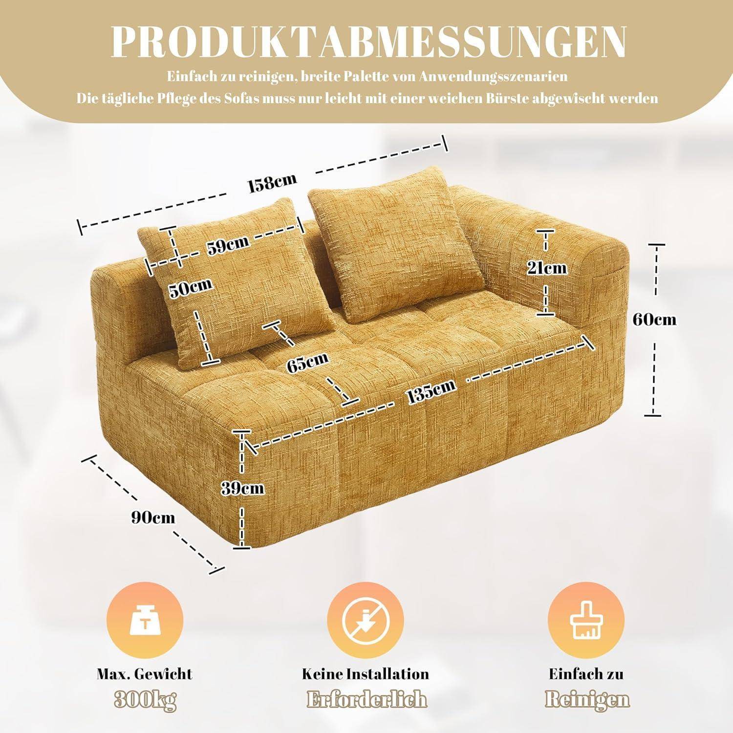 Vermessungsdiagramm eines senfgelben Zweisitzer-Sofas mit den Abmessungen: 158 cm breit, 90 cm tief, 60 cm hoch, mit gekennzeichneten Sitz- und Rückenlehnen-Maßen sowie Symbolen für maximale Tragfähigkeit von 300 kg, keine Installation erforderlich und einfache Reinigung.
