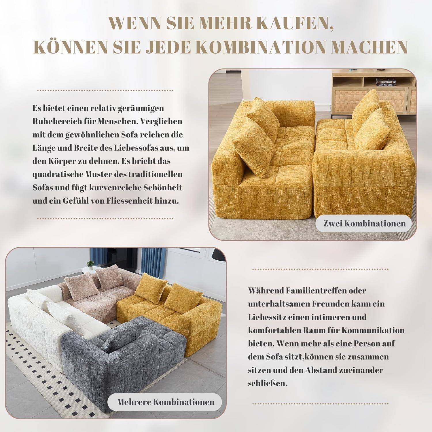 Modern Polstersofa Couch Sofa 2 Sitzer mit 2 Kissen, kein Zusammenbau erforderlich, Bequemes Chaiselongue-Sofa (Gelb B)