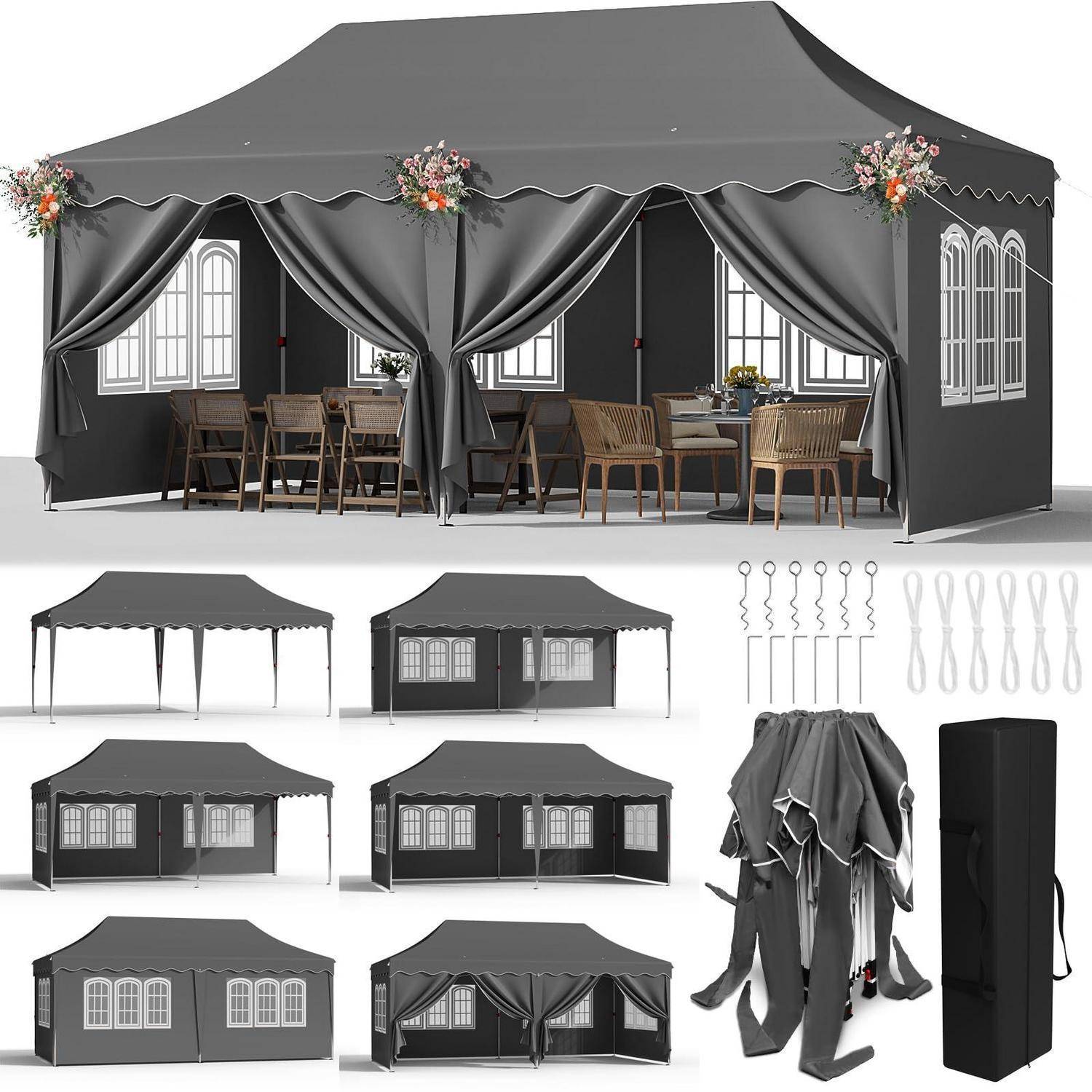 Schwarzes Außenbereich-Pavillion-Zelt, gezeigt in mehreren Ansichten, mit drapiertem Vorhängen, Fenster-Paneelen, Blumenakzenten und gefalteter Tragetasche/Zubehör.