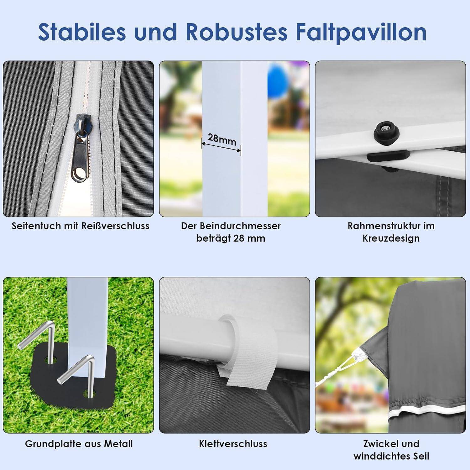 Produktinfografik mit dem Titel „Stabiles und Robustes Faltpavillon" zeigt Vordachmerkmale: Seitenpaneel mit Reißverschluss, Rohrdurchmesser 28 mm, Kreuzrahmenstruktur, Metallbasisplatte, Klettverschluss und Eckseilverstärkung.