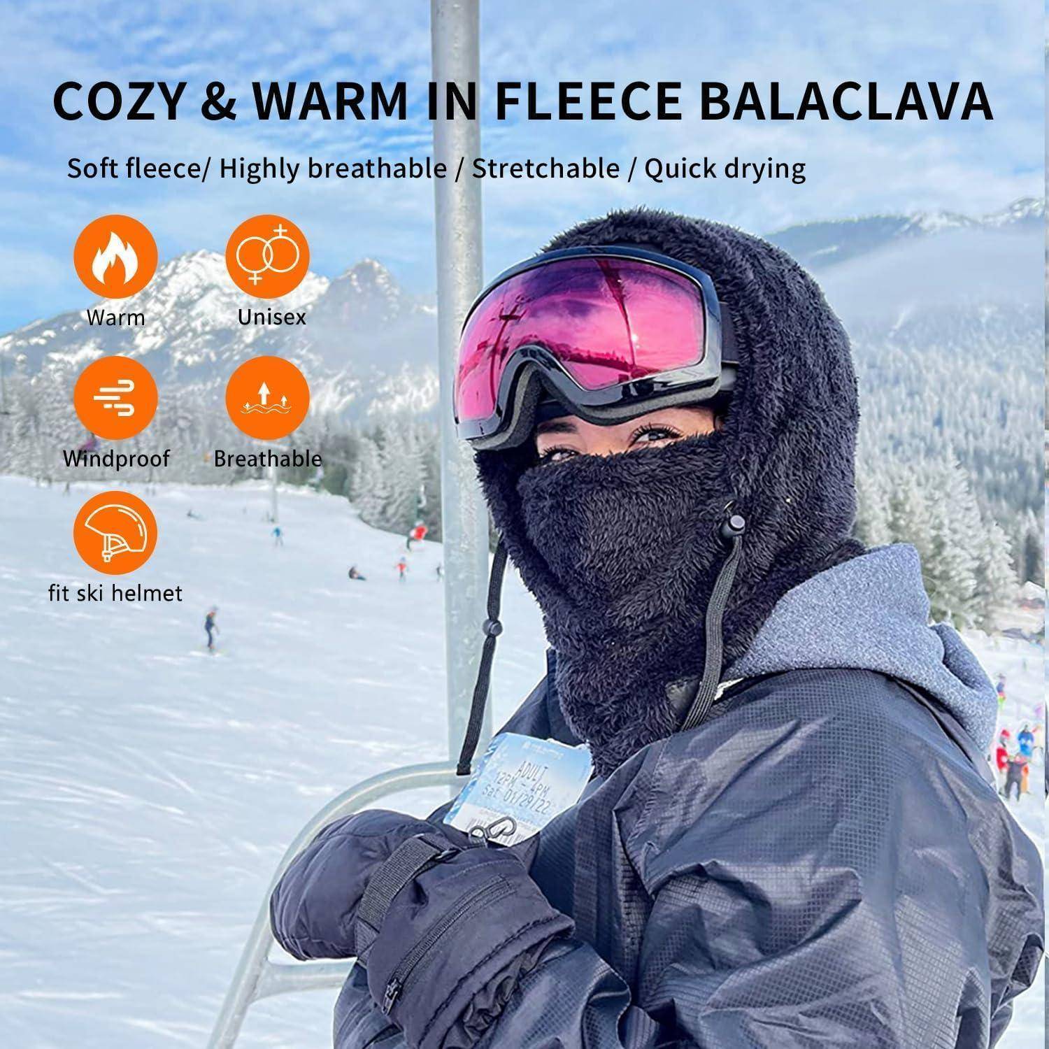 Person mit Skibrillen, die einen Fleece-Balaklava und eine Winterjacke trägt, mit Text, der es als warm, unisex, winddicht, atmungsaktiv und helmkompatibel bewirbt.