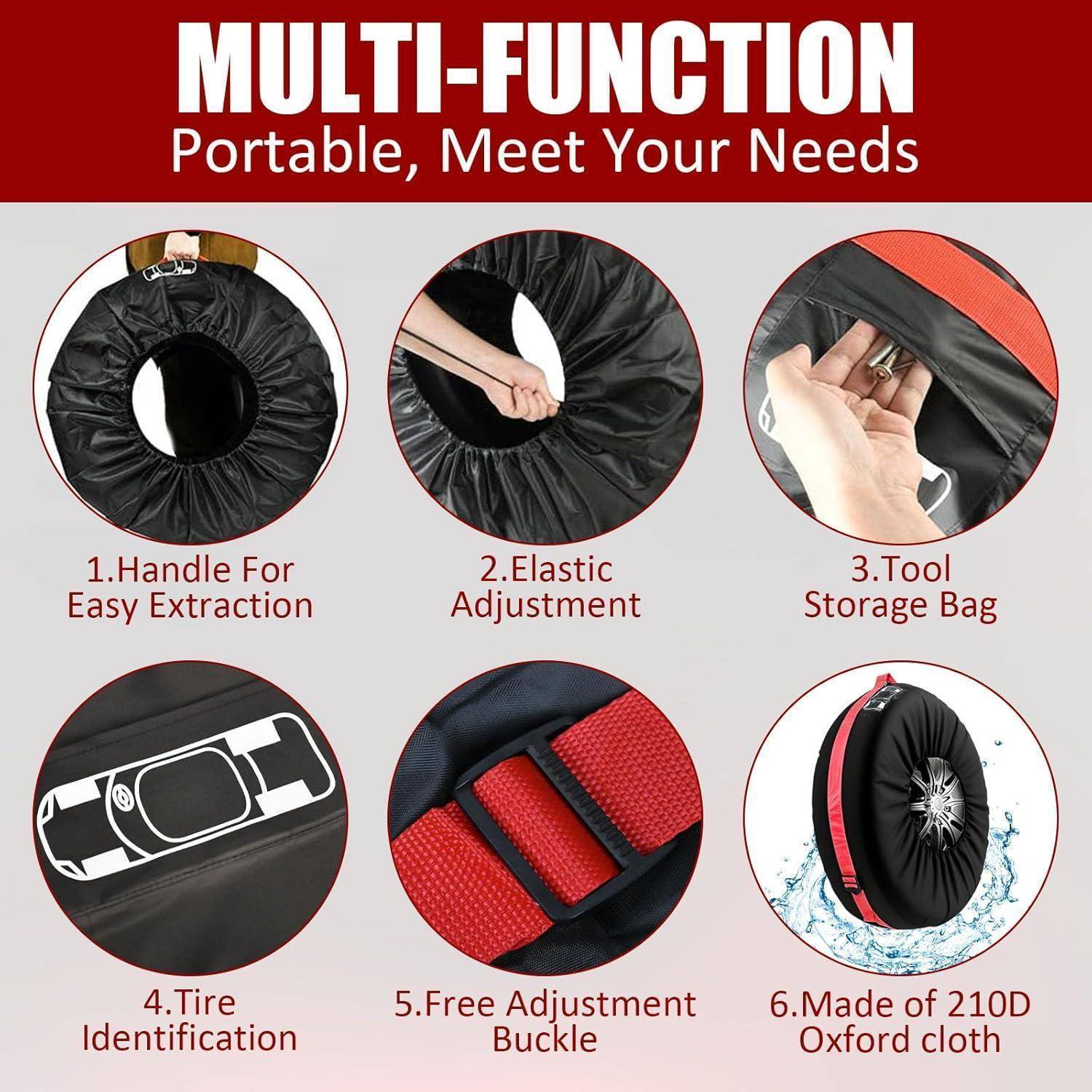 Produktinfografik für eine tragbare Multifunktions-Reifenabdeckung mit Griff, elastischer Verstellung, Werkzeugtasche, Reifenidentifikation, Schnalle und 210D Oxford-Stoff.