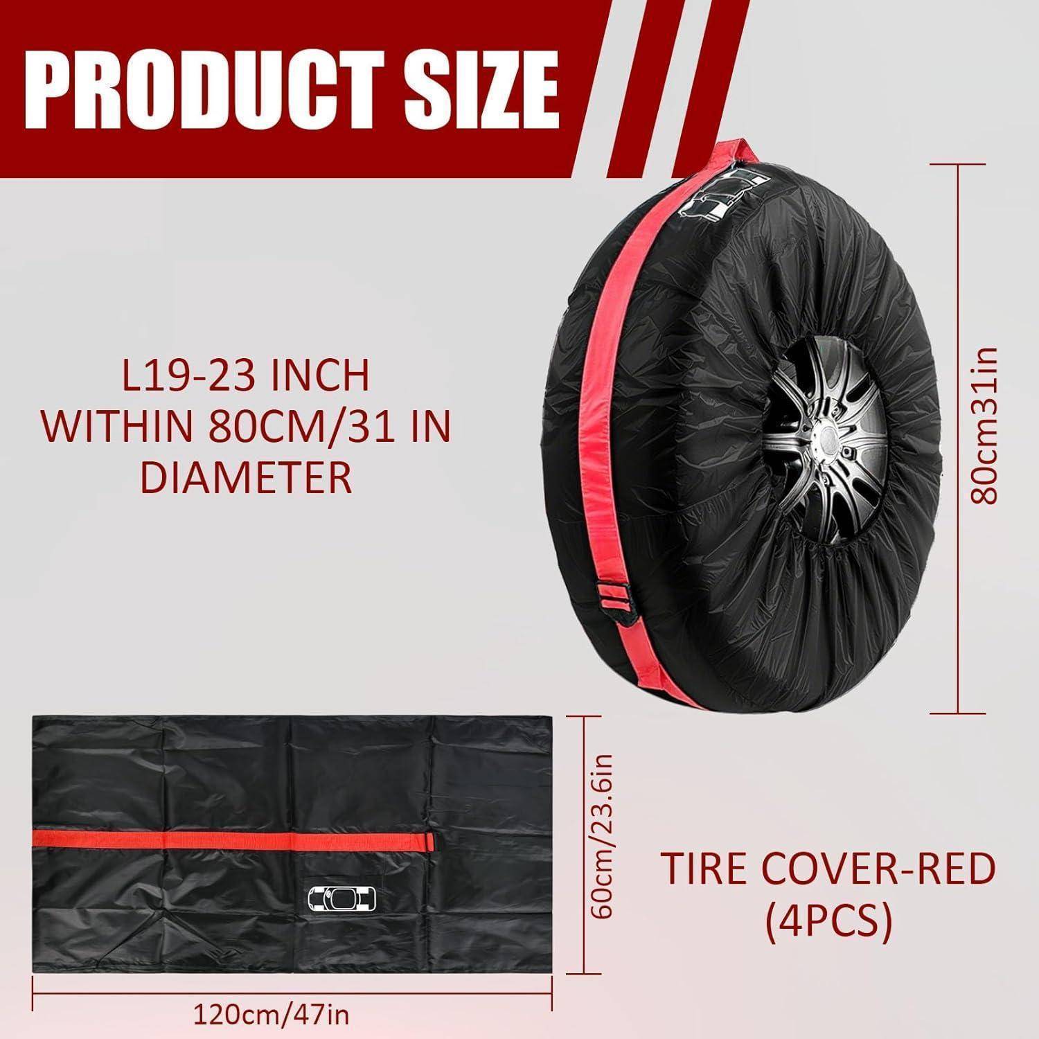 Produktgrößen-Diagramm für eine rote Reifenschutz-Garnitur, das einen 19-23-Zoll-Schutz mit einem Durchmesser von 80 cm/31 Zoll und eine 120 x 60 cm Aufbewahrungstasche zeigt, beschriftet mit „REIFENSCHUTZ-ROT (4ER-SET)"