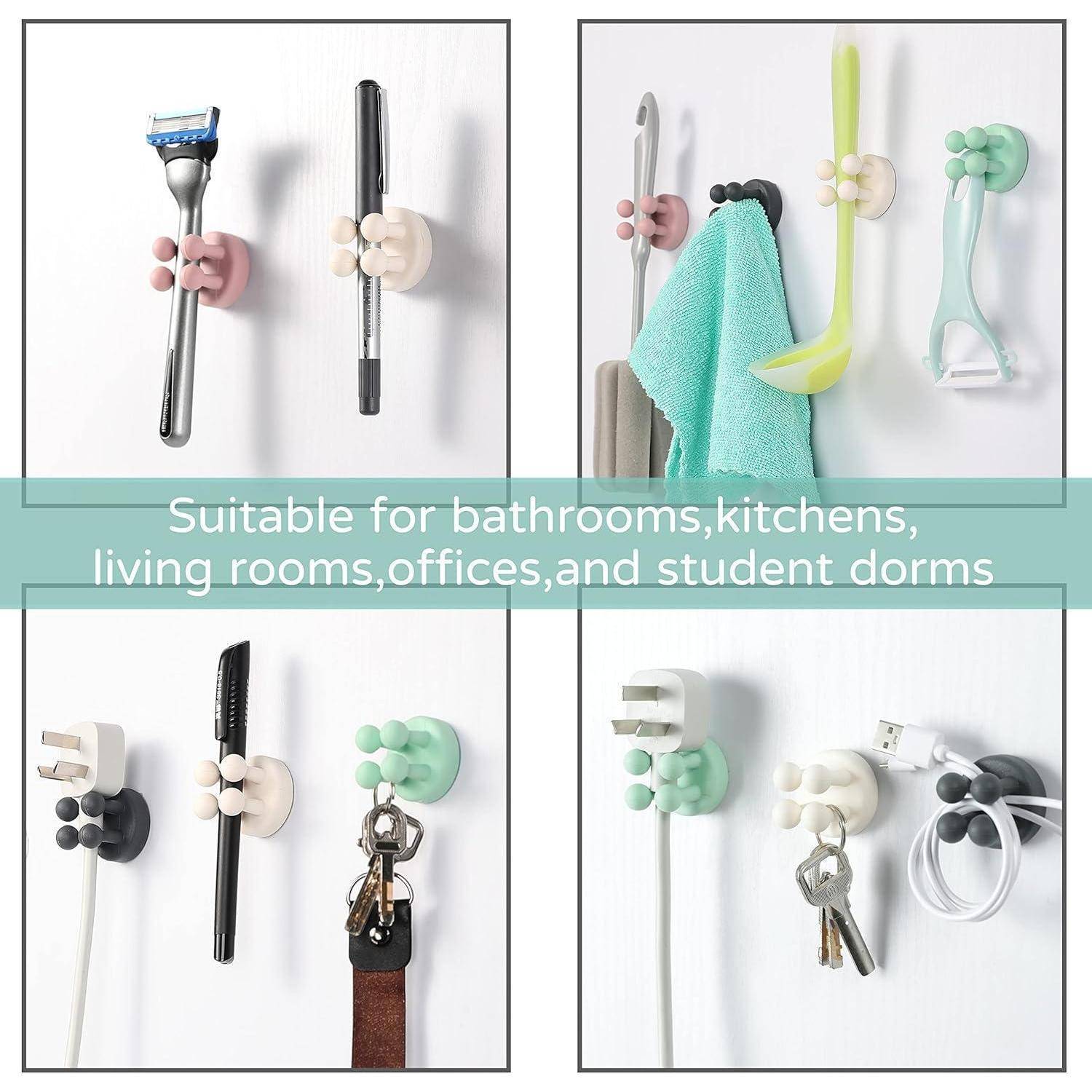 Klebende Wandclips halten Werkzeuge und Kabel an einer weißen Wand; der Text besagt, dass sie für Badezimmer, Küchen, Wohnzimmer, Büros und Studentenwohnheime geeignet sind.