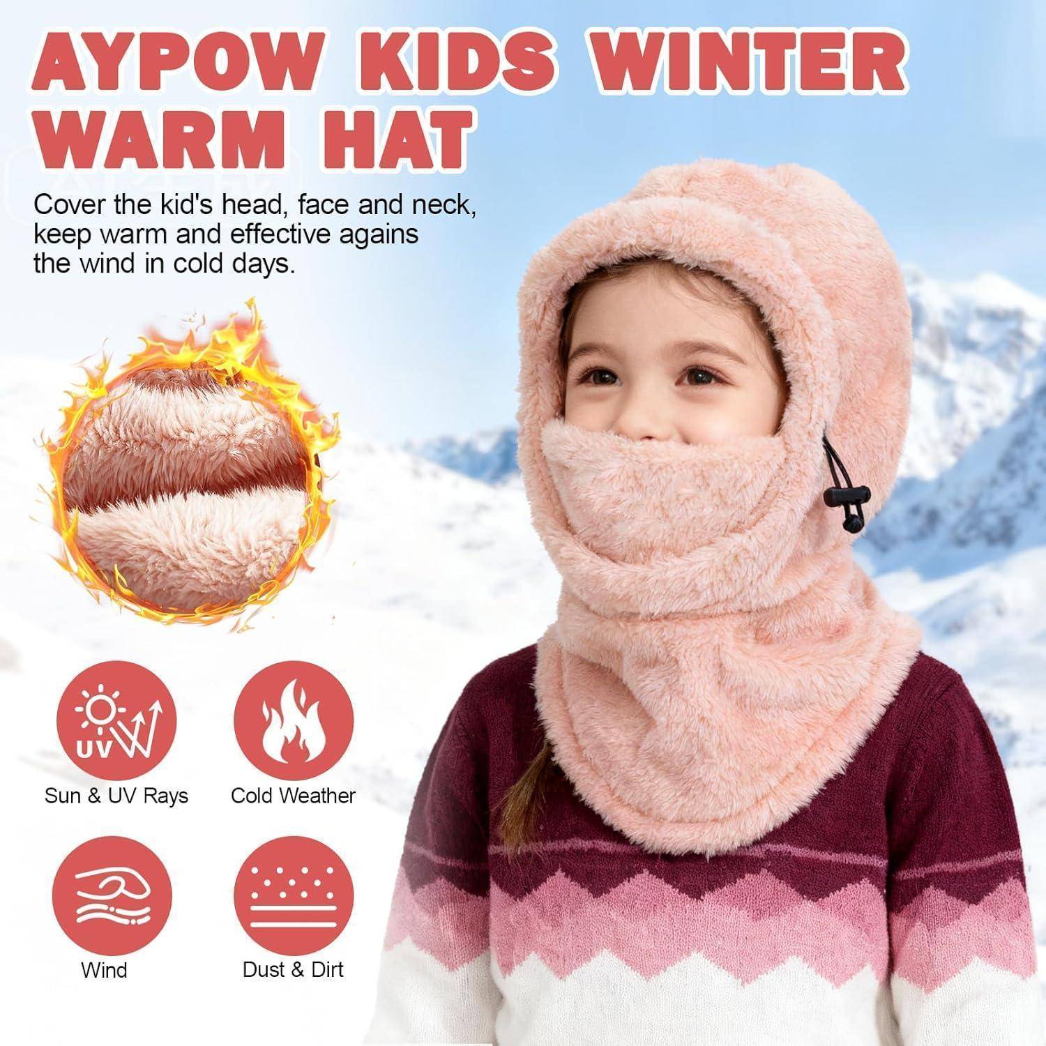 Werbebild eines Kindes, das eine rosa warme Wintermütze trägt, die Kopf, Gesicht und Nacken bedeckt, mit Text, der den Schutz vor Wind, Kälte, Sonne und Staub hervorhebt.