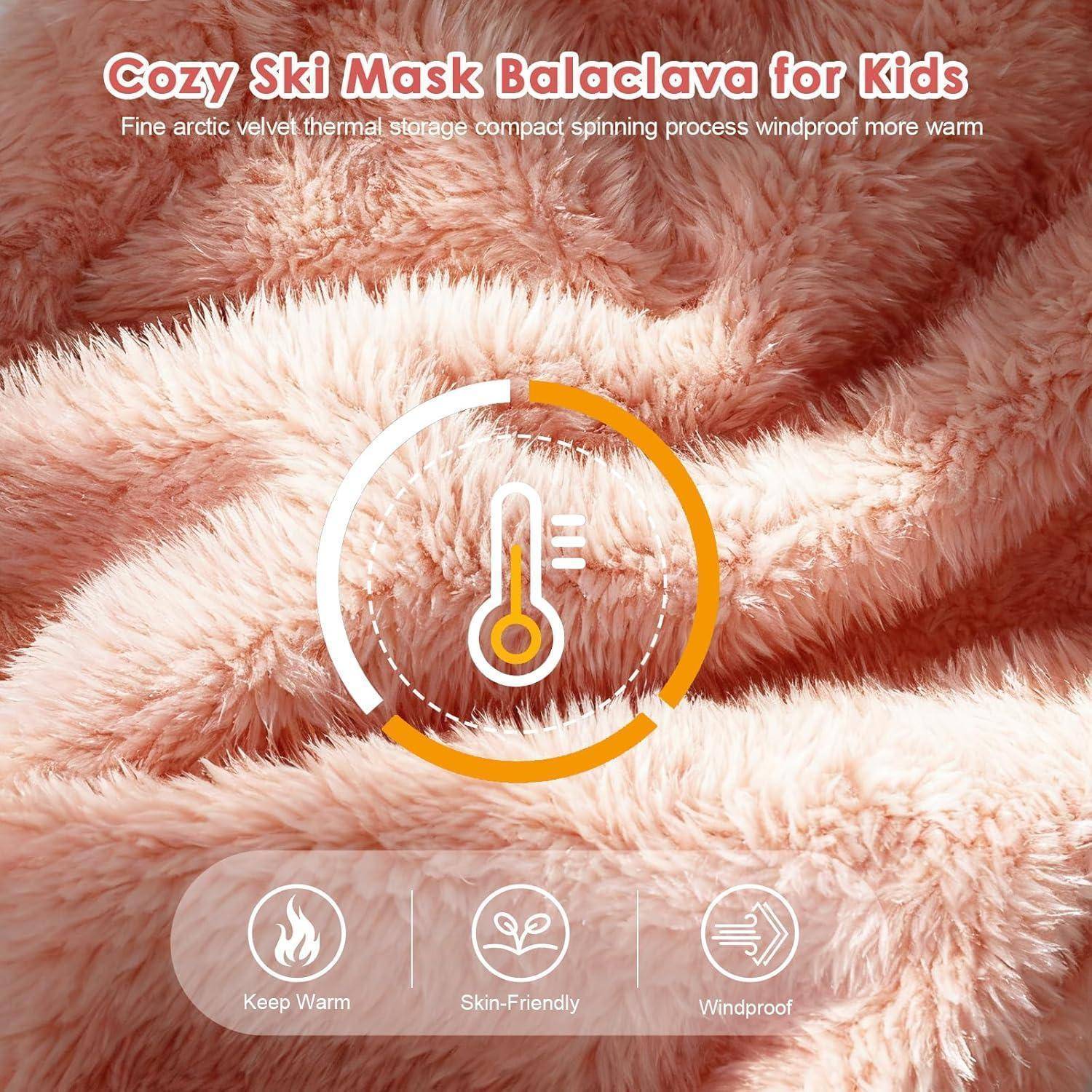 Rosa flauschige Kinder-Skimalke Balaclava-Anzeige mit Thermometer-Symbol und Funktionsetiketten: „Warm halten
