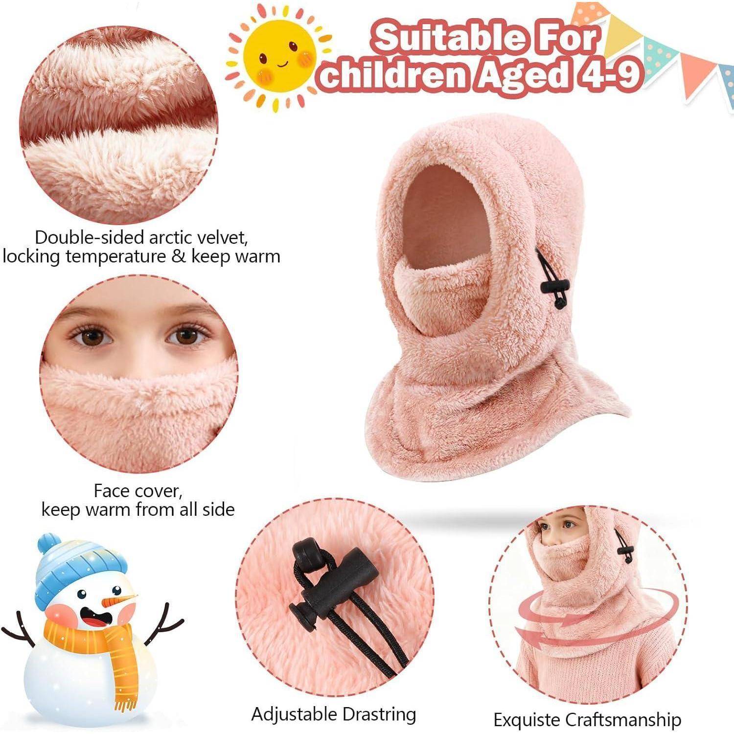 Produktbild einer rosa Kinder-Winter-Sturmhaube, beschriftet mit 