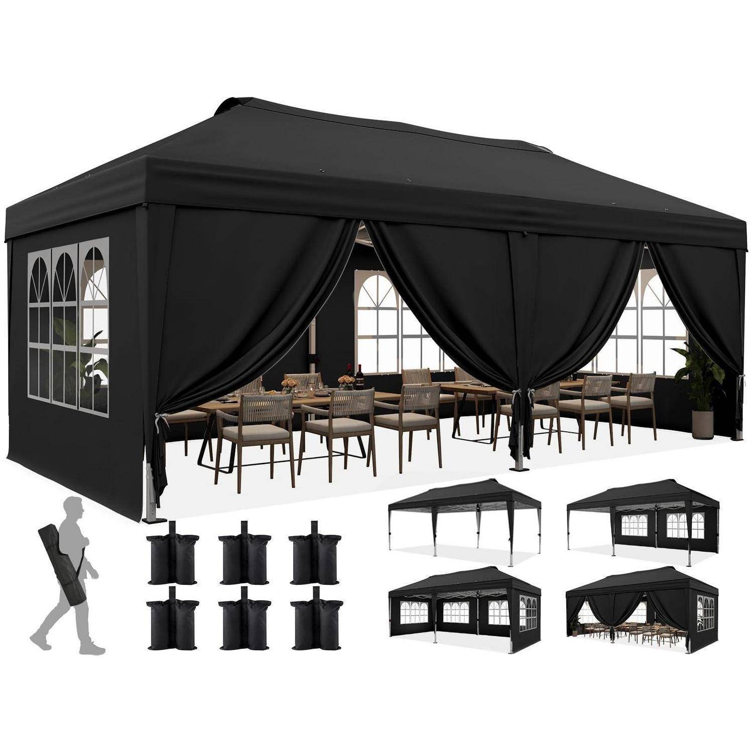 Schwarzes Außenpavillon-Zelt mit gewölbten Fenstern und drapiertem Vorhang, dargestellt mit aufgestellten Tischen und Stühlen sowie kleinere Ansichten von Rahmen- und Baldachiny-Variationen.