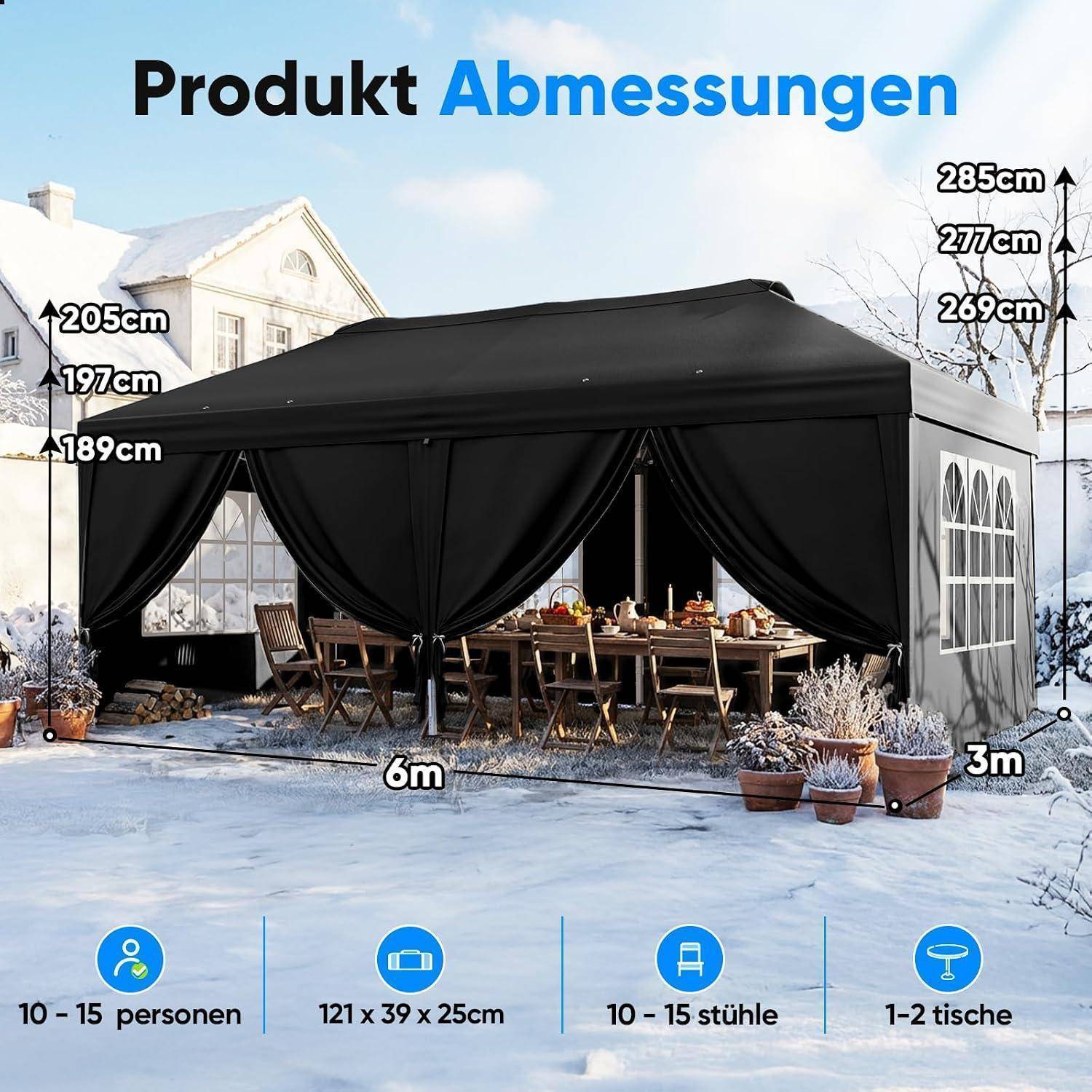 Diagramm, das die Abmessungen eines schwarzen Gazebo-Zeltes zeigt: 6 m x 3 m, Höhen 189-205 cm links und 269-285 cm rechts, Platz für 10-15 Personen, 10-15 Stühle, 1-2 Tische.