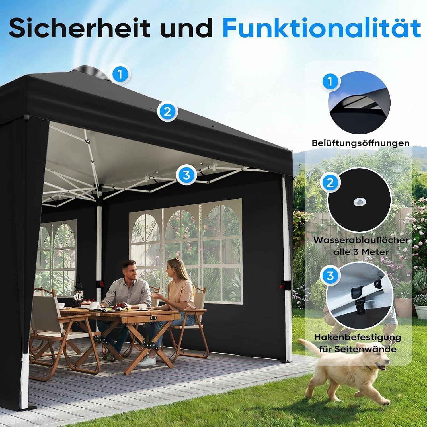 Illustration eines schwarzen Außenpavillon mit Personen im Inneren, die folgende Merkmale hervorhebt: Belüftungsöffnungen, Wasserabzugslöcher alle 3 Meter und Hakenbefestigung für Seitenwände.