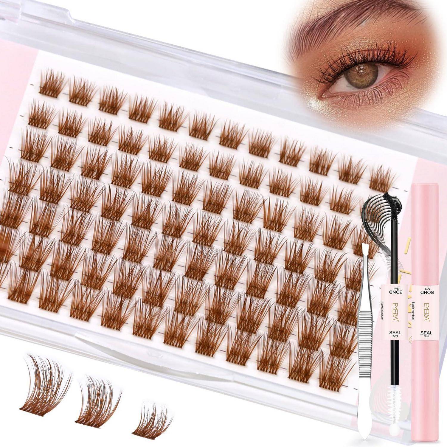 Packung mit künstlichen Wimpern in unterschiedlichen Längen und Krümmungen, dargestellt mit Wimpernapplikatoren und Mascara, plus eine Nahaufnahme eines Auges mit Wimpern.