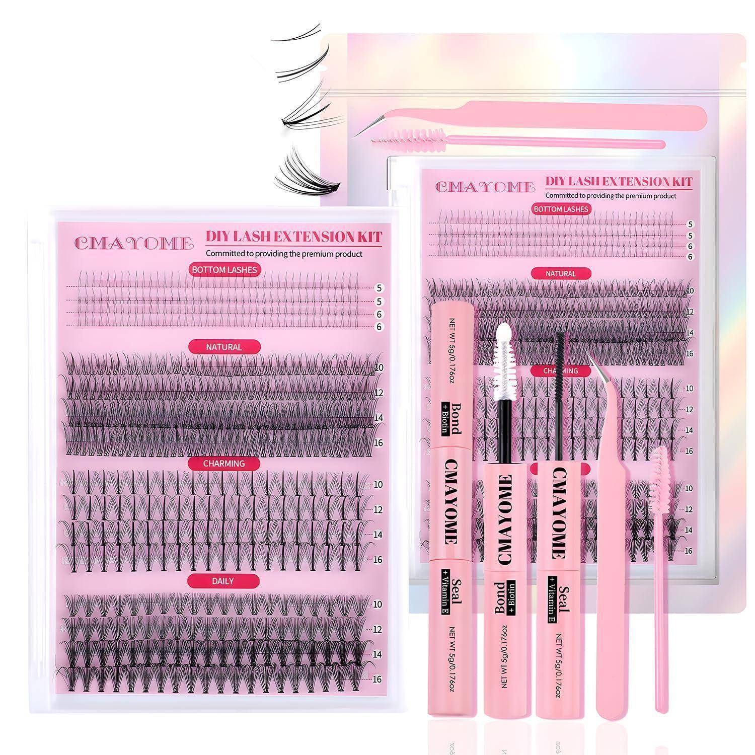 Pink CmaYome DIY Wimpernverlängerungs-Set Verpackung mit Wimpernschalen und zwei Applicatoren mit Beschriftungen für untere Wimpern, natürlich, charmant und alltägliche Stile.