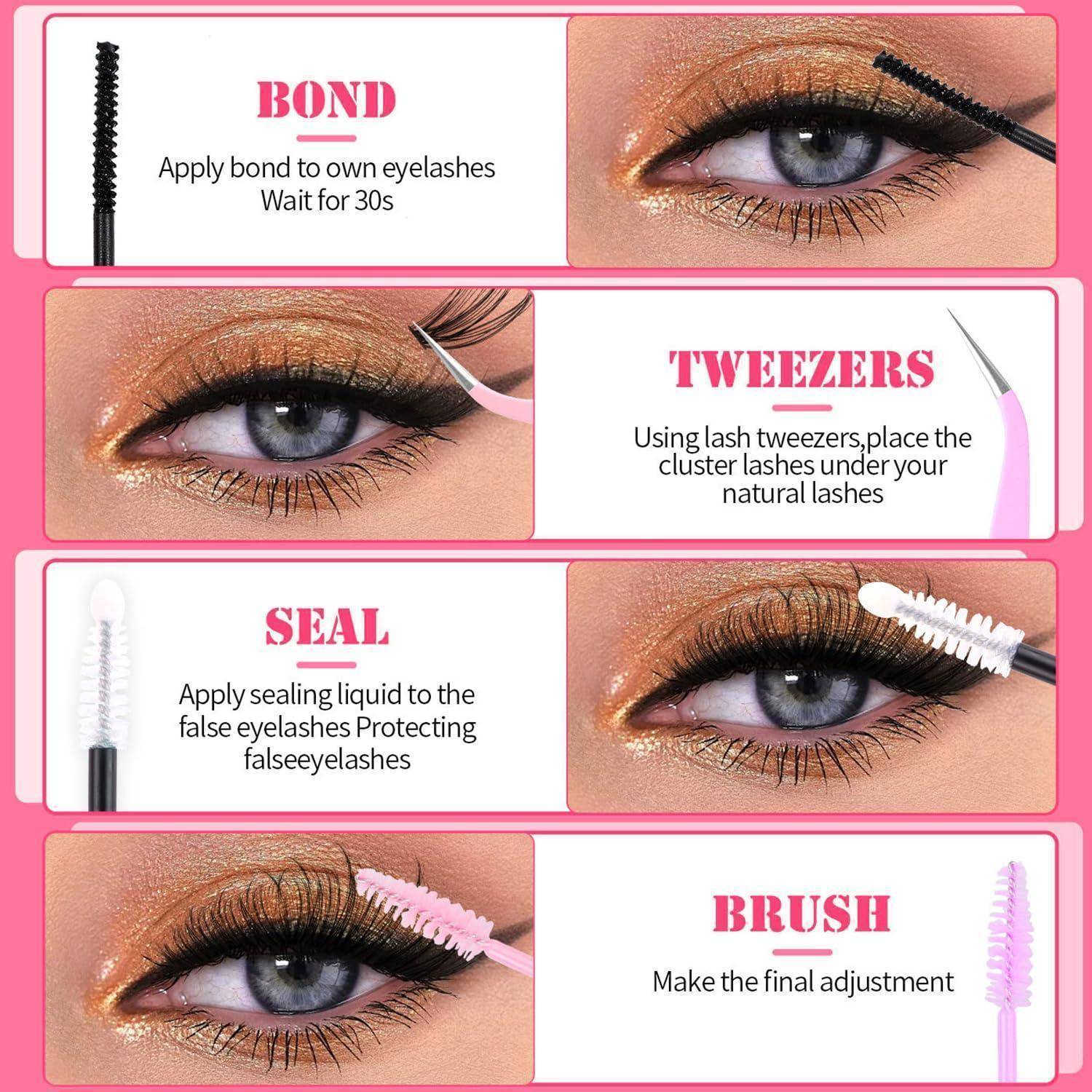 Schritt-für-Schritt-Anleitung für Wimpernverlängerungen mit Haftung, Pinzetten, Versiegelung und Bürstenwerkzeugen, die auf das Auge angewendet werden.