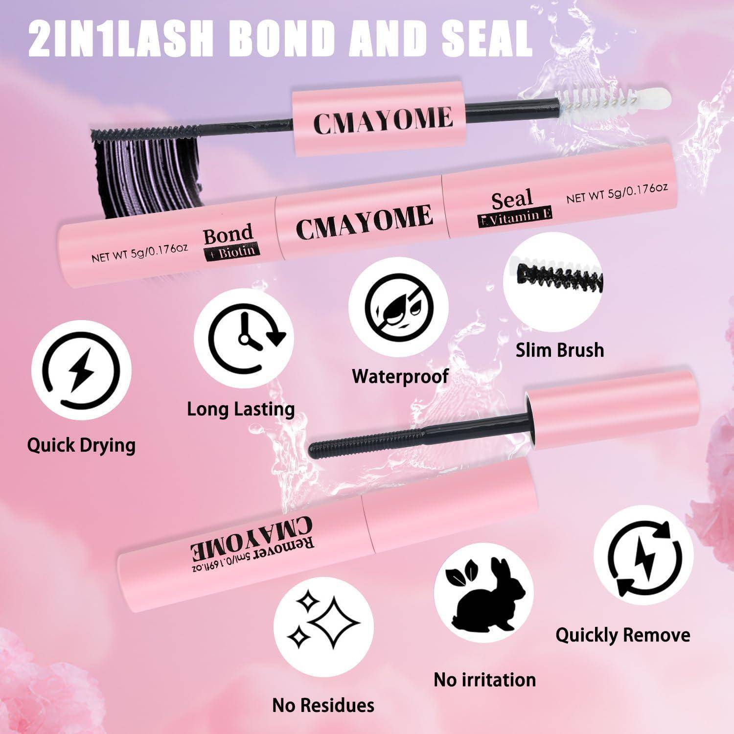Rosa CMAYOME 2-in-1-Wimpernbond- und Siegelmascara-Tube mit Bürste, mit Symbolen zur Hervorhebung von schnellem Trocknen, lang anhaltend, wasserfest, schlanke Bürste, keine Rückstände, keine Reizung und schnelle Entfernung.