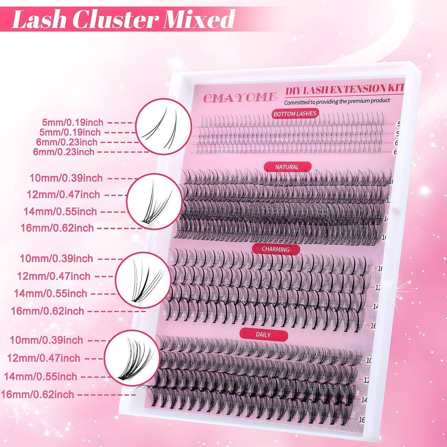 Rosa 'Lash Cluster Mixed' Display zeigt ein DIY-Wimpernverlängerungs-Kit mit mehreren Wimpernbüschel-Stilen und Längen, einschließlich Reihen 'natürlich', 'charmant' und 'täglich'.