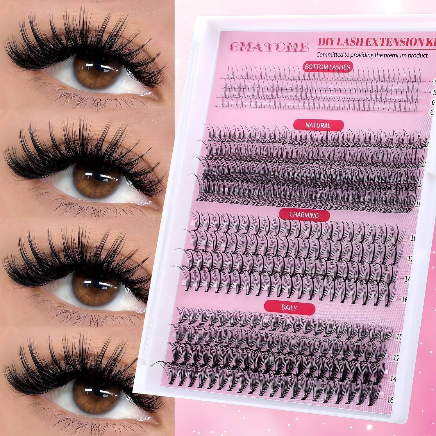 Vergleich von drei falschen Wimpernlooks auf einem Auge und einem DIY-Wimpernverlängerungsset mit mehreren Wimpernstilen, die als Unterwimpern, Natürlich, Charmant und Täglich gekennzeichnet sind.
