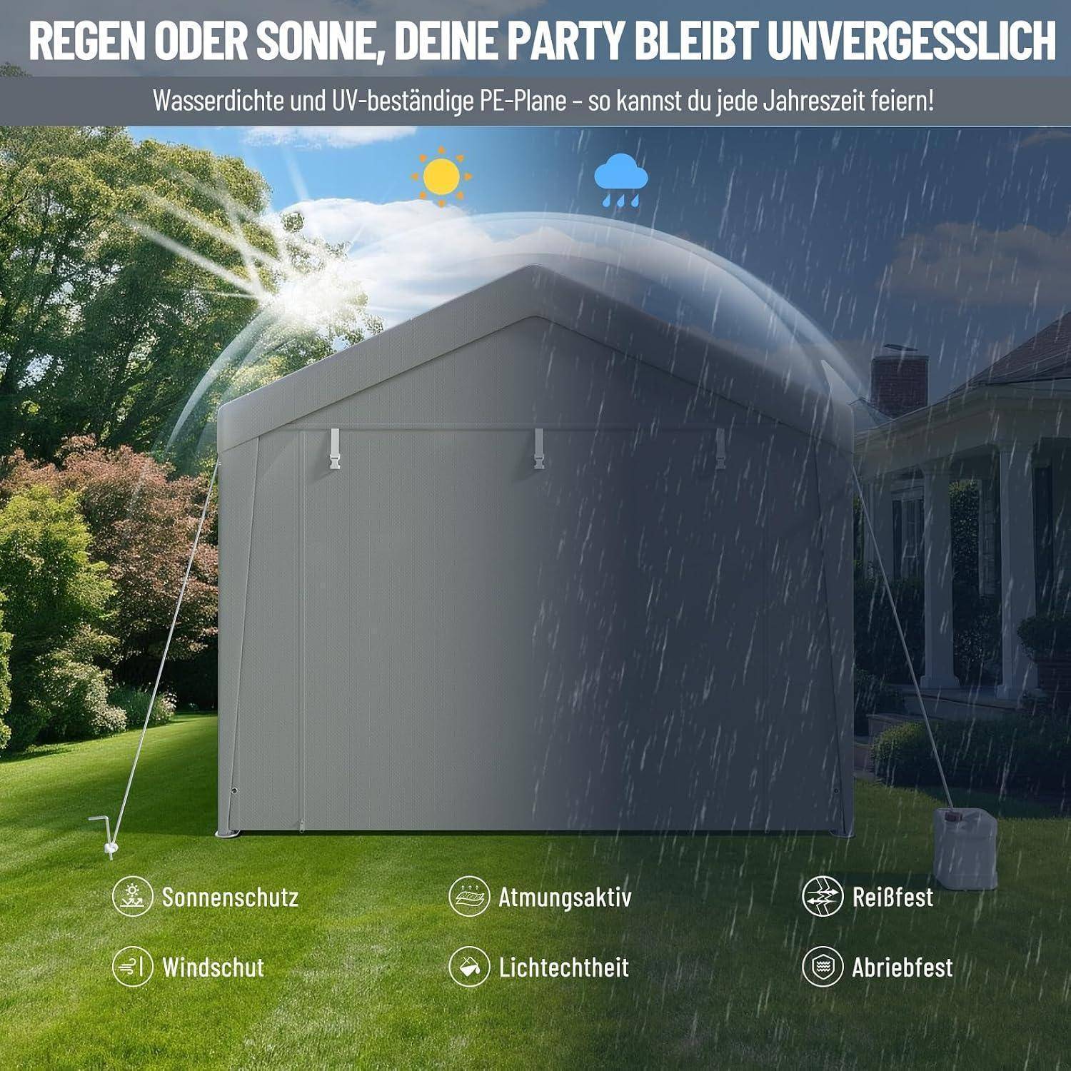 Grauer Partyzelt mit Gartennutzung, das in Sonne und Regen wetterfest ist, mit Text, der wasserdichte, UV-resistente PE-Planen bewirbt und Merkmale wie Sonnen-, Wind-, Licht-, Riss- und Verschleißfestigkeit hervorhebt.