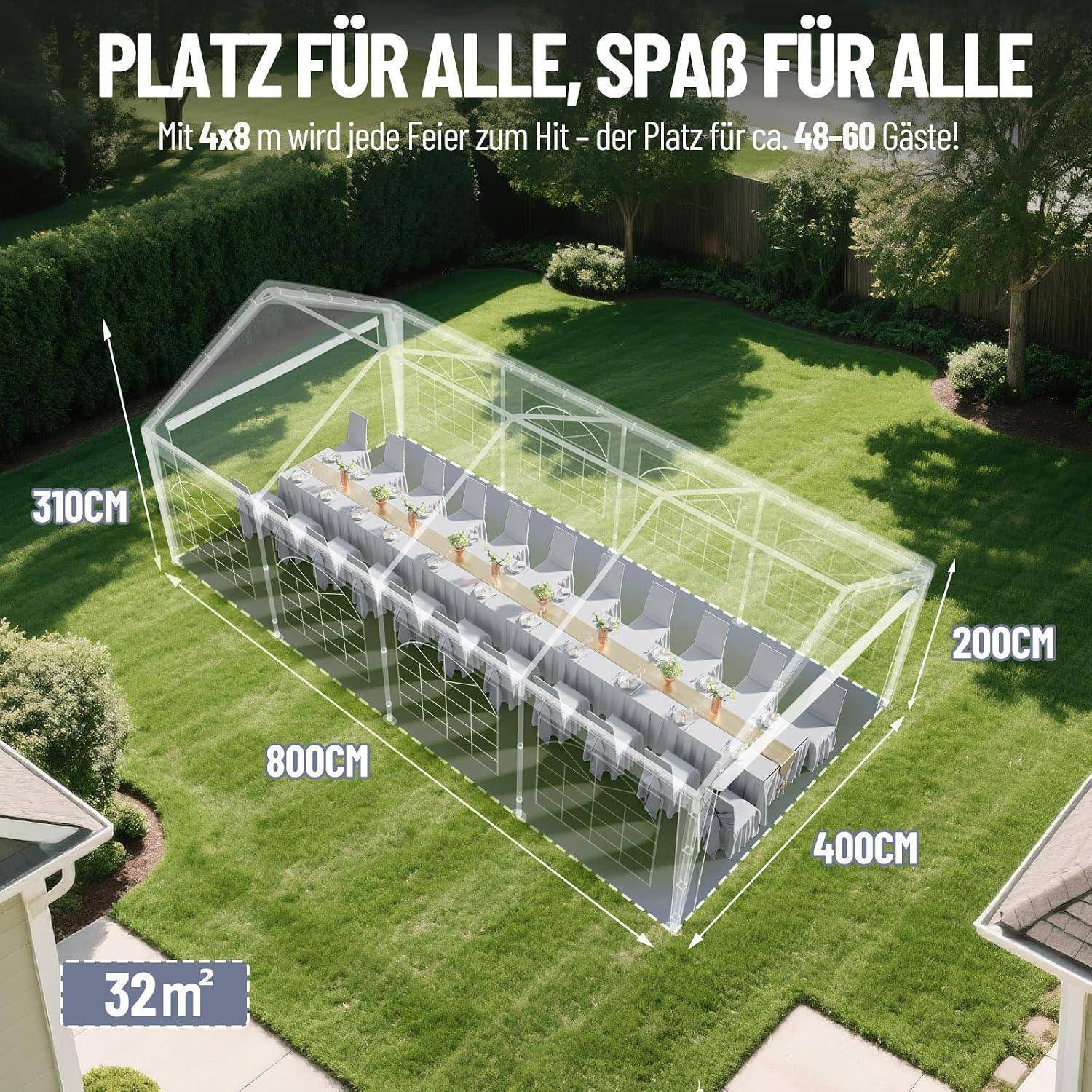 Werbebild eines 4x8 m transparenten Partyzelt auf einem Rasen, beschriftet für 48-60 Gäste, mit Abmessungen 800 cm x 400 cm, 310 cm hoch, 200 cm Seitenhöhe und '32 m²'.