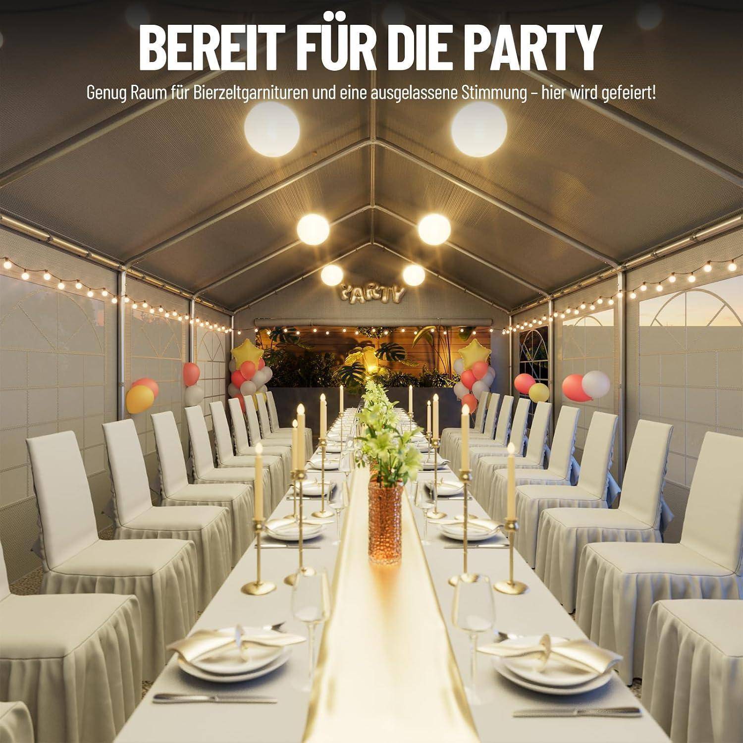 Festlich gedecktes Partyzelt mit langem Tisch für eine Feier, weißen Stühlen, Ballons und Beleuchtung; Text oben: 'BEREIT FÜR DIE PARTY'.