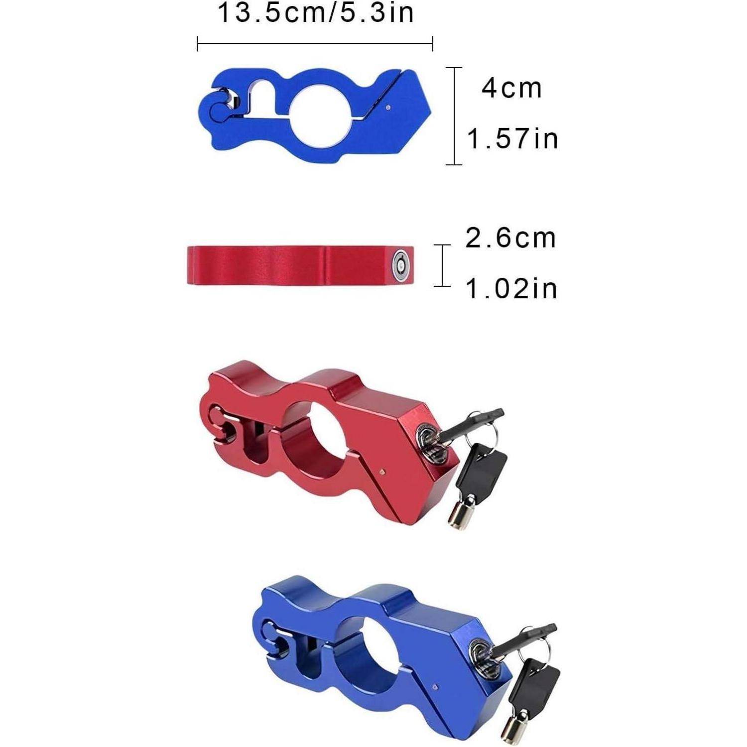 Produktbild zeigt Metallfahrradrahmenschlösser in Blau und Rot mit Größenangaben 13,5 cm x 4 cm und einem roten Riemen von 2,6 cm Breite; ein Schloss wird mit Schlüsseln gezeigt.