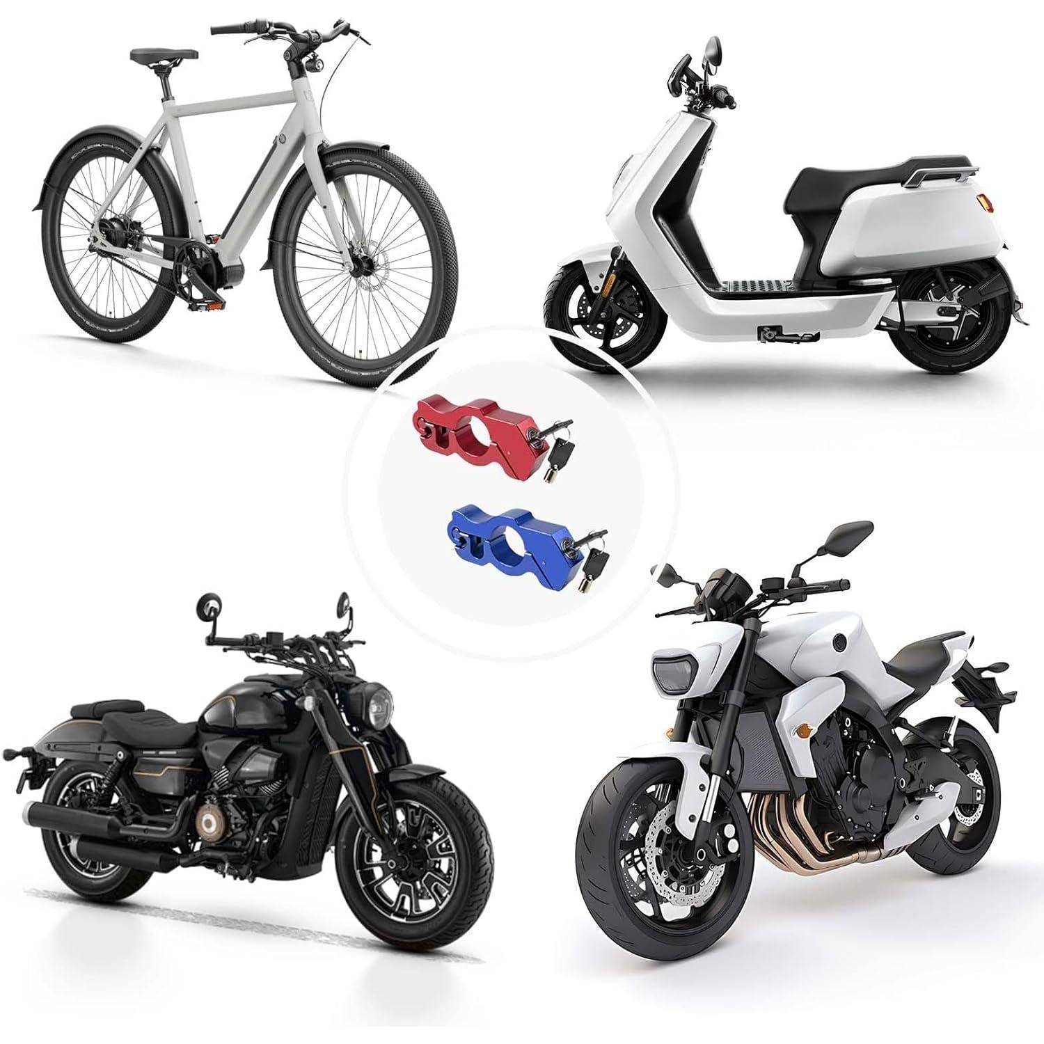 Vier Elektrofahrzeuge und ein rotes und blaues Bremsbelag-Set, angeordnet auf weißem Hintergrund: Fahrrad, Roller, Cruiser-Motorrad und Sportmotorrad.