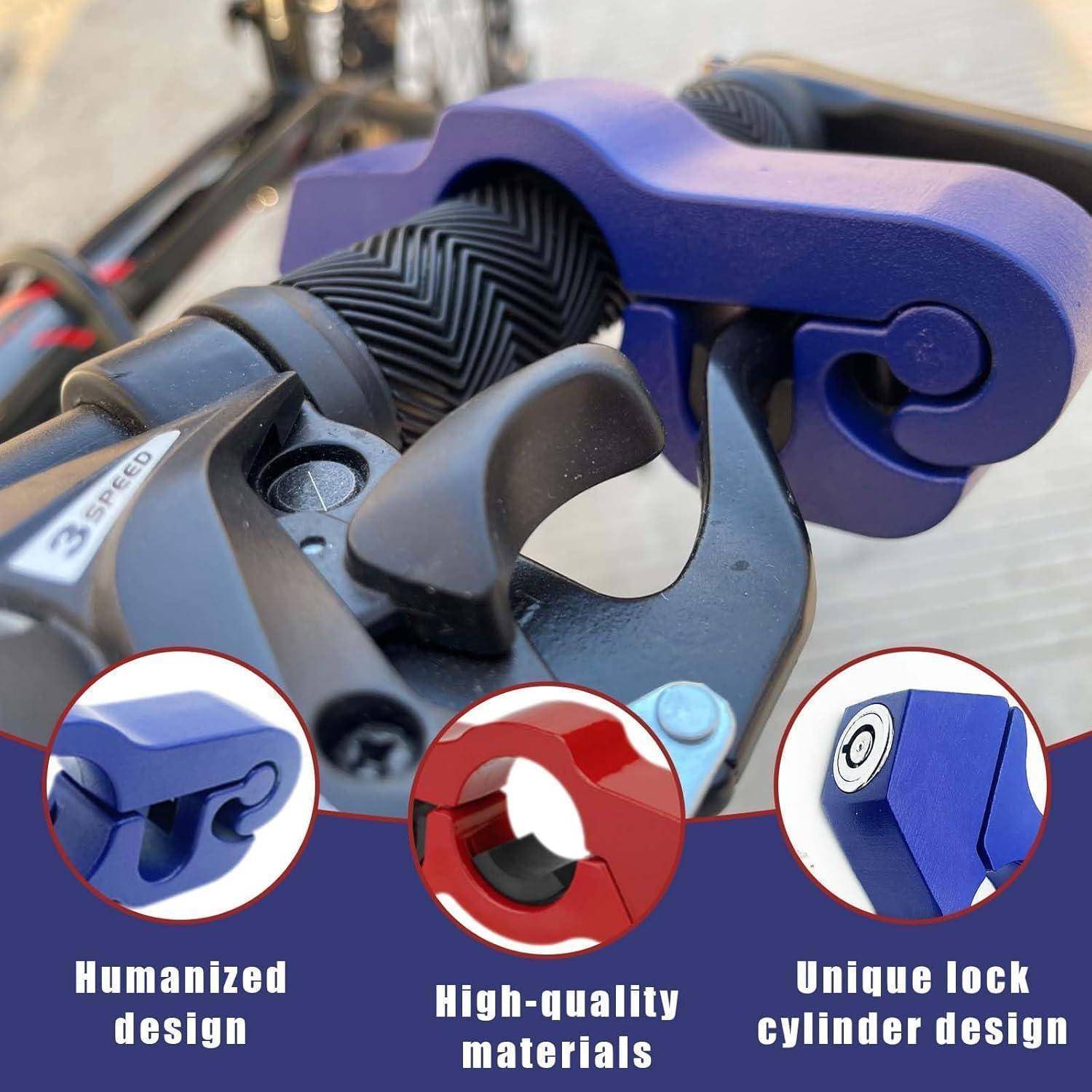 Nahaufnahme eines violetten Fahrradschlossmechanismus mit eingefügten Beschriftungen, die humanisiertes Design, hochwertige Materialien und ein einzigartiges Schlosszylinder-Design hervorheben.