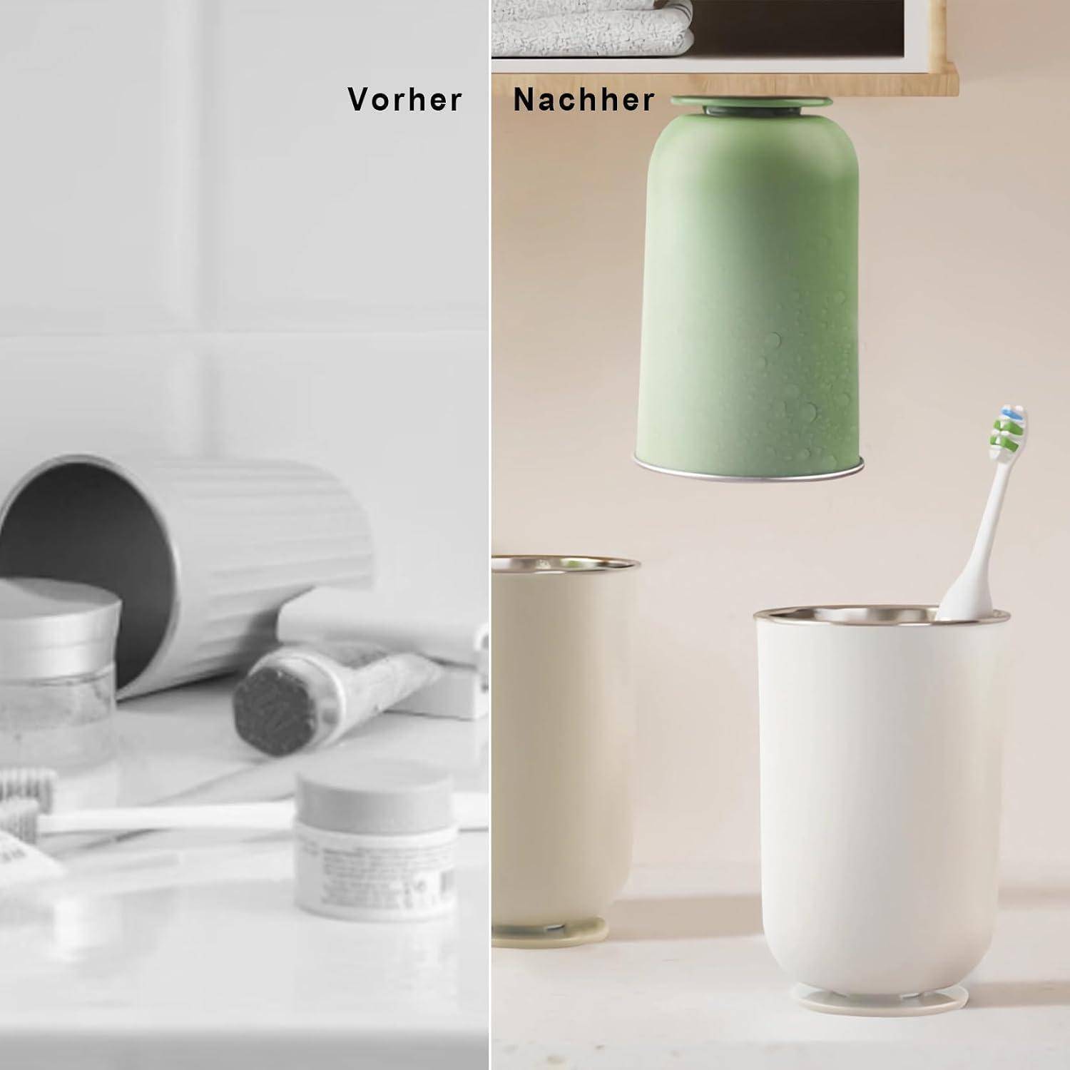 Vorher-und-Nachher-Bild, das ein Badezimmeraccessoire-Set zeigt: links in Graustufen-Unordnung, rechts in Farbe mit aufeinander abgestimmten mintgrünen und weißen Behältern mit den Beschriftungen 