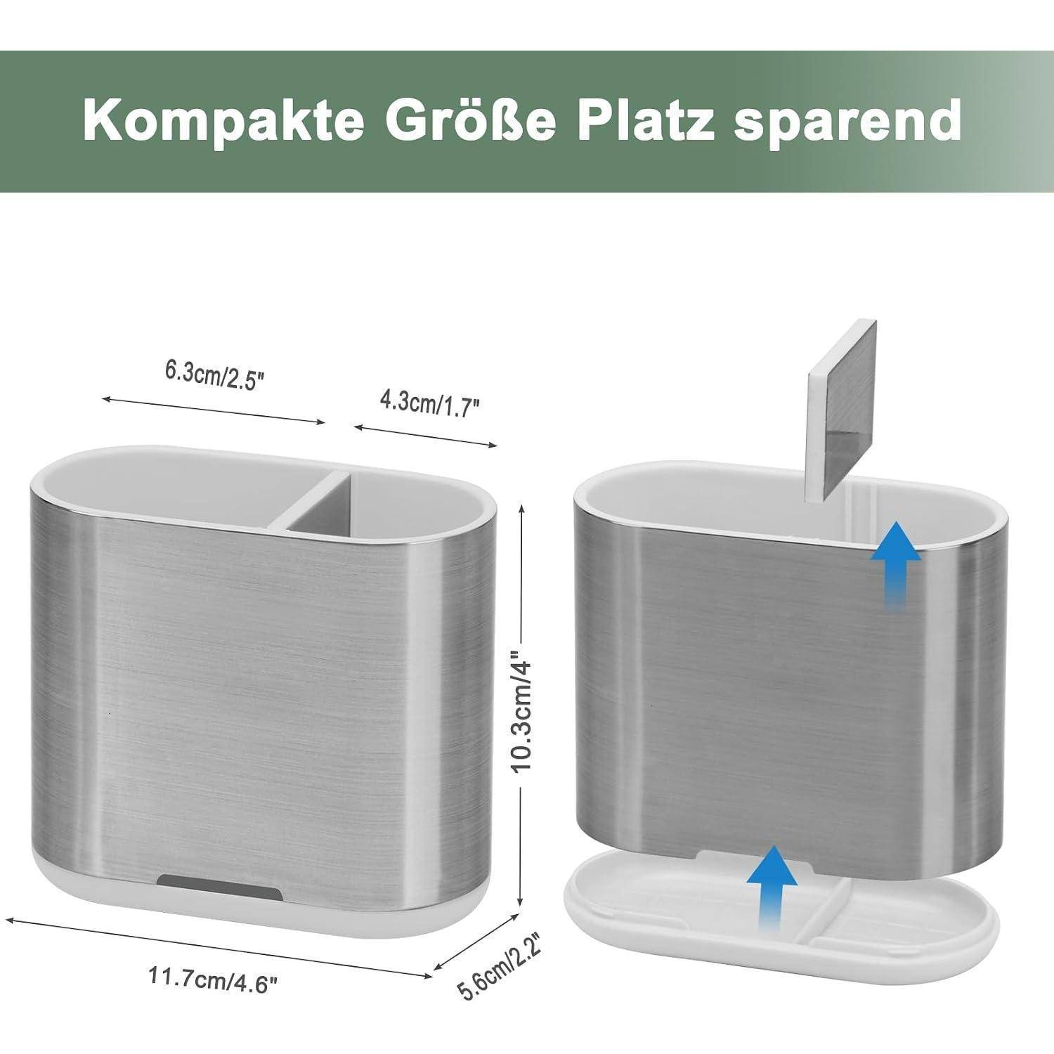 Diagramm eines kompakten Edelstahlhalters mit Abmessungen: 11,7 cm breit, 10,3 cm hoch, 5,6 cm tief, 6,3 cm und 4,3 cm Öffnungsbreiten; abnehmbarer Inneneinsatz gezeigt.