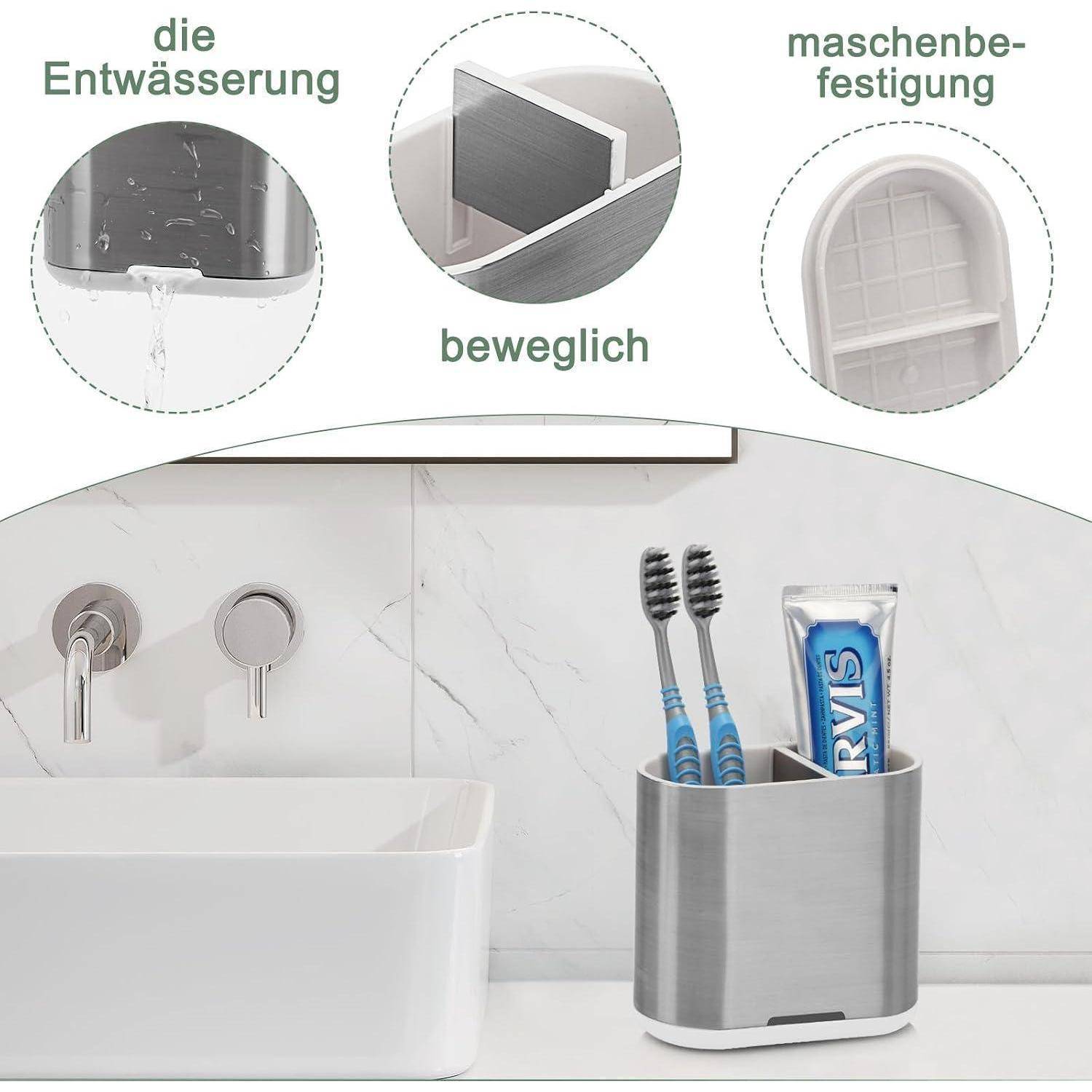 Edelstahlspülenhalter im Badezimmer, in dem Zahnbürsten und eine Zahnpastatube aufbewahrt werden; eingefügte Legenden zeigen Drainage, bewegliches Design und Maschenarmierung.