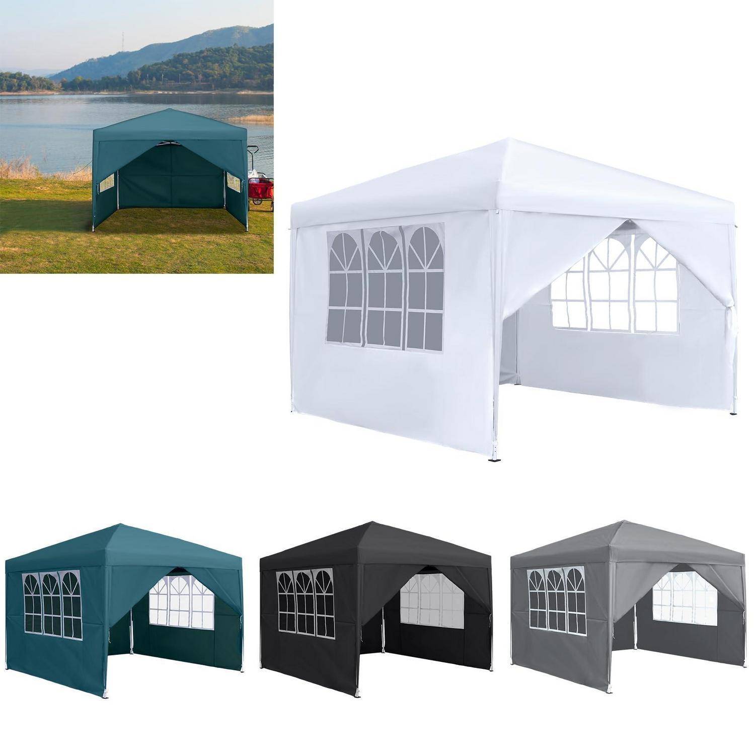 Zusammenklappbare Outdoor-Pavillons mit gewölbten Fensterfeldern, dargestellt in Weiß, Blaugrün, Schwarz und Grau; ein Detailbild zeigt einen aufgebauten Pavillon an einem See.