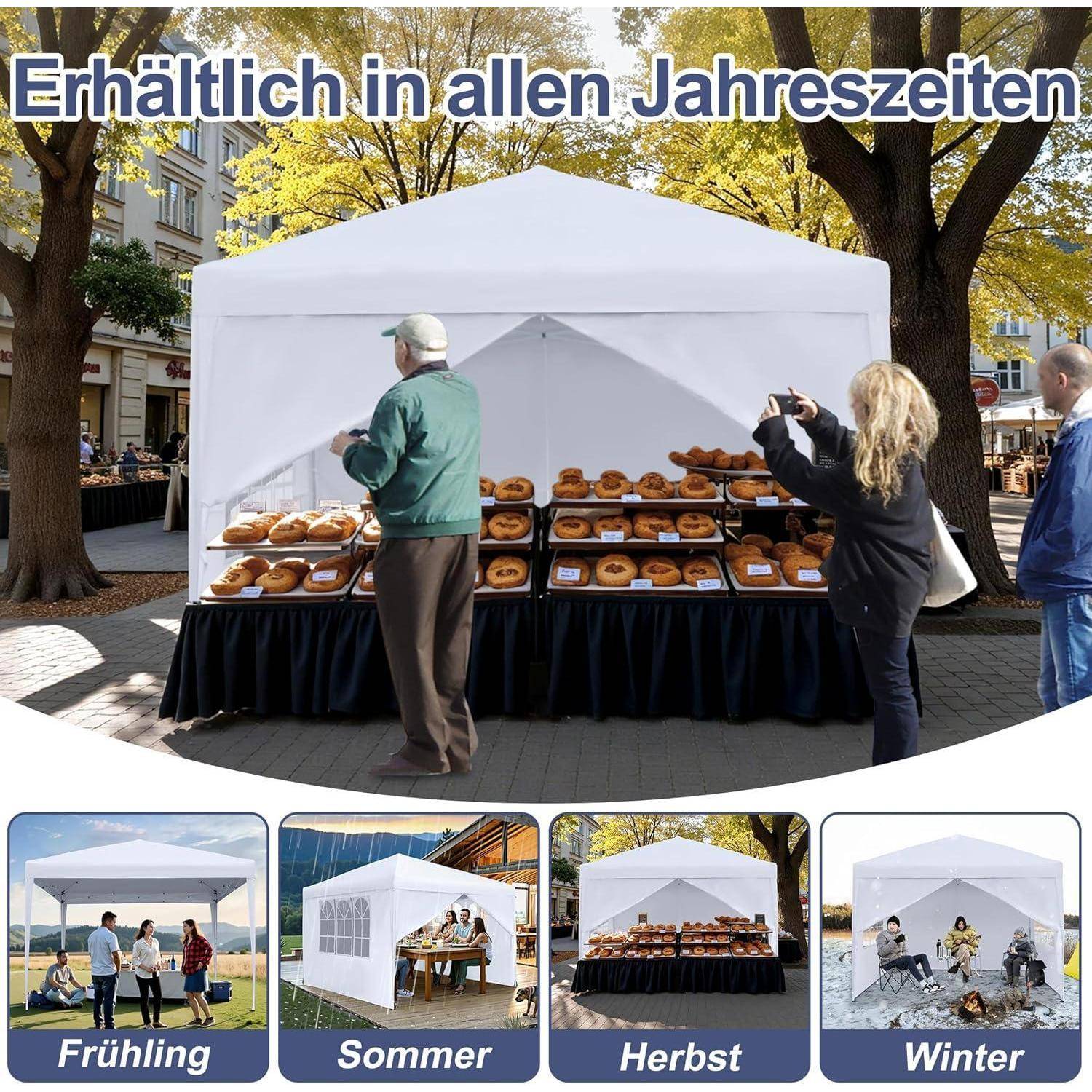 Außenmarktstand mit Brot unter einem weißen Zelt, mit der Bezeichnung „Erhältlich in allen Jahreszeiten" und dargestellt als geeignet für Frühling, Sommer, Herbst und Winter.