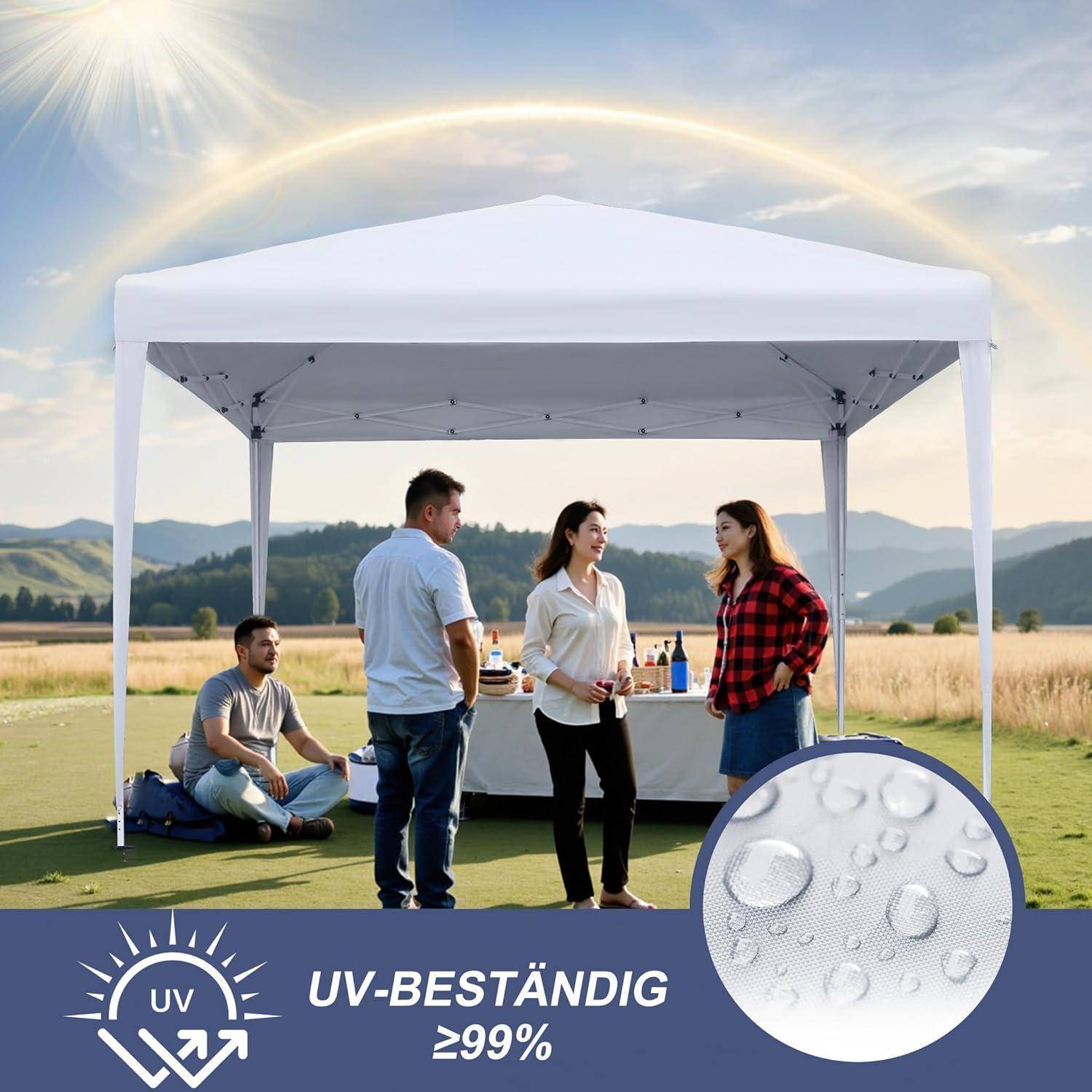 Outdoor-Markisenzelt mit vier Personen, die darunter gesellig beisammensitzen; Grafik hebt „UV-BESTÄNDIG ≥99%" und wasserabweisendes Gewebe hervor.